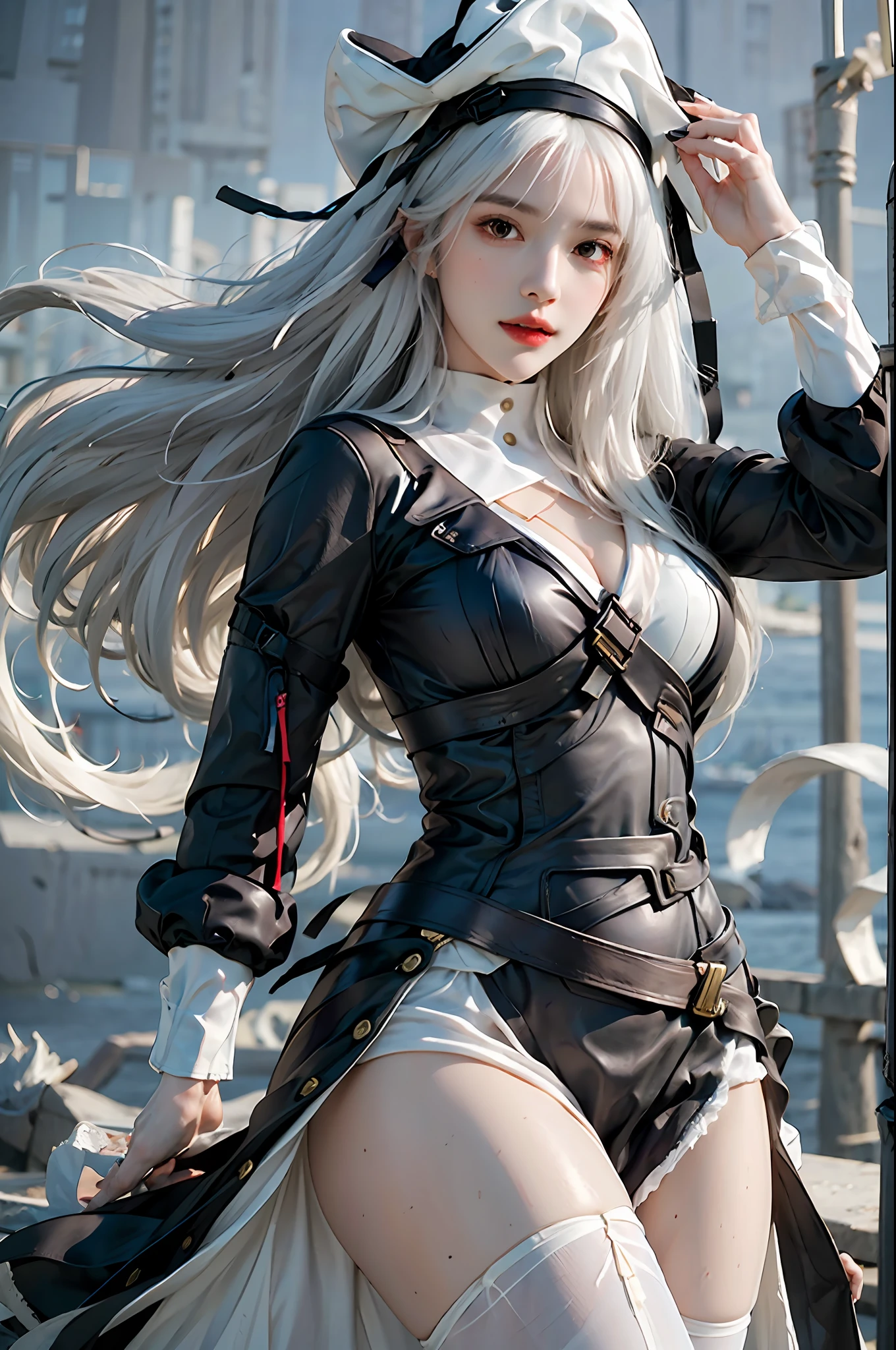 photorealistic, high resolution, 1 girl, white hair, hips up, specter, hat, black dress