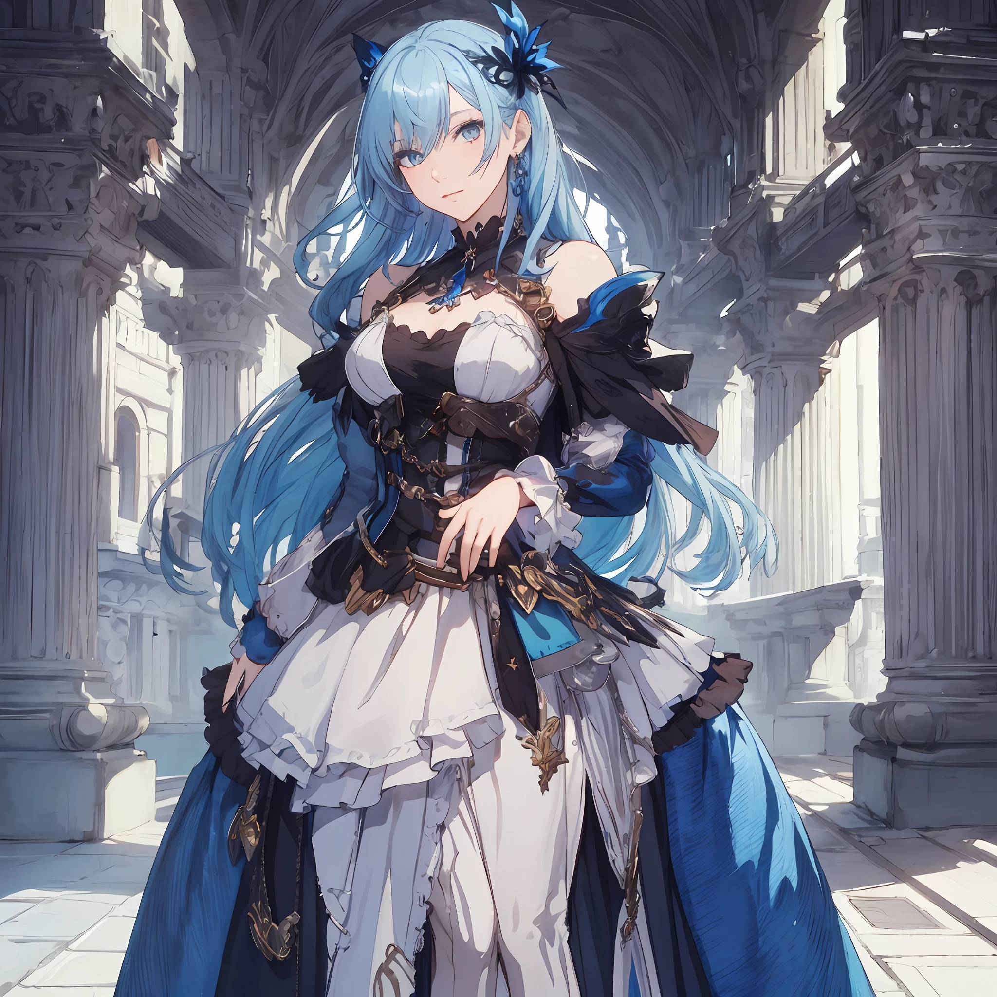 masterpiece, best quality, 1woman, adult, middle-aged, 28 years old, female focus, solo, light blue hair, long hair, vibrant blue eyes, looking at viewer, closed mouth, Fantasy aesthetics, Highly detailed, shadowverse style, full body, white attire