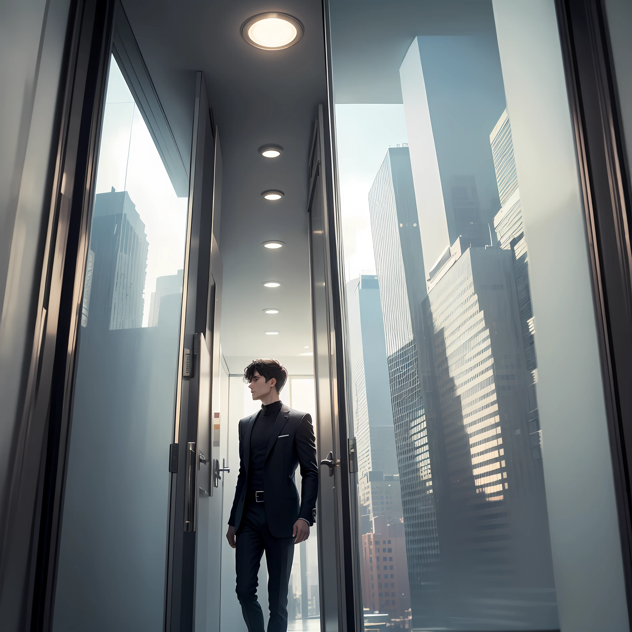 Storyboard Figure 1. wide-angle lens：A modern skyscraper towers over the city skyline。The lights from the building's windows sparkle at dusk。
2. Medium shot：The elegant male protagonist, Jack, walks confidently to the building，The building towered above him。
3. Close-up：Jack's face，Full of confidence and grace。He stared at the building，Then turn your attention to the entrance。
4. wide-angle lens：Jack walks into the luxurious hall of a skyscraper，Finished with shiny reflective surfaces and modern décor。
5. Medium shot：Jack walked towards the elevator，Press the button。The light of the button illuminates his face。
6. View of elevator doors：The elevator doors slide open，Reveal the Jack who is about to enter。There was a hint of anticipation on his face。
7. Close-up：Elevator doors closed，Jack's reflection faded as the door closed。 --auto
