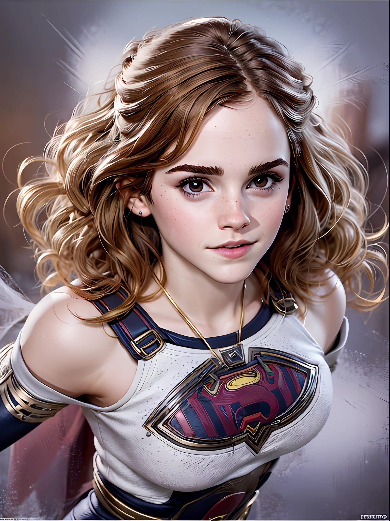 1girl, Usando un disfraz de Supergirl rasgado, bragas blancas, volador, cuerpo firme, Emma Watson
