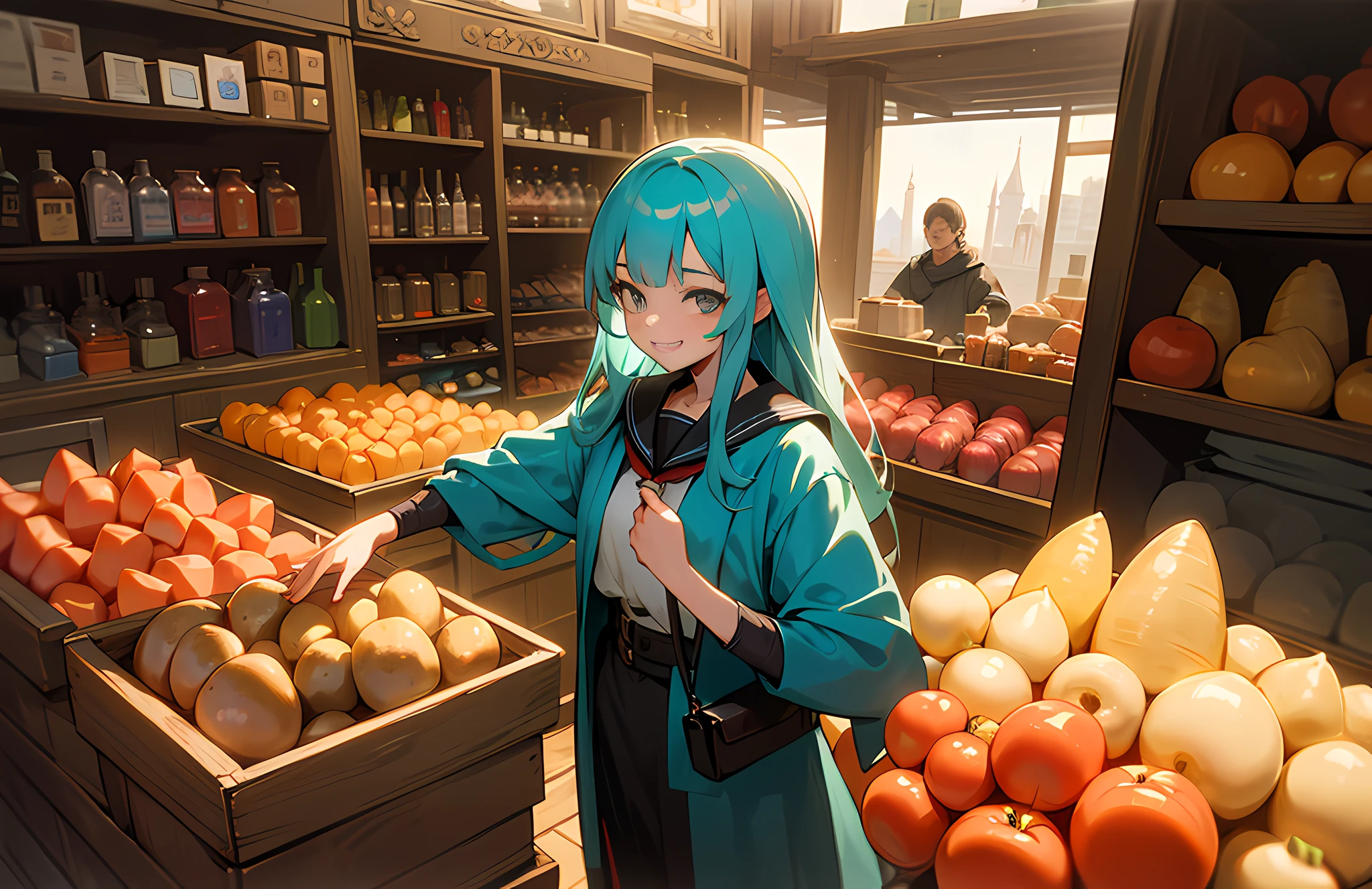 Maste Piece, Best Quality, (Perfect Face), intrikate, Sharp Focus, 1 Girl, adult woman, teal eyes, Looking at Viewer, Solo, Detailed background, (medieval high fantasy theme:1.1), grin, Dynamic Pose, store clerk, (Dark orange:0.8) rich merchant clothes, pouches, busy (medieval shop interior:1.1), (pouches:0.8), (boxes:0.8), (storage baskets:0.8), (shelves:0.8), selling wide variety of vegetables, salad, carrot, potatoes, tomatoes, beets, Sailor collar, Outdoors, chiho,