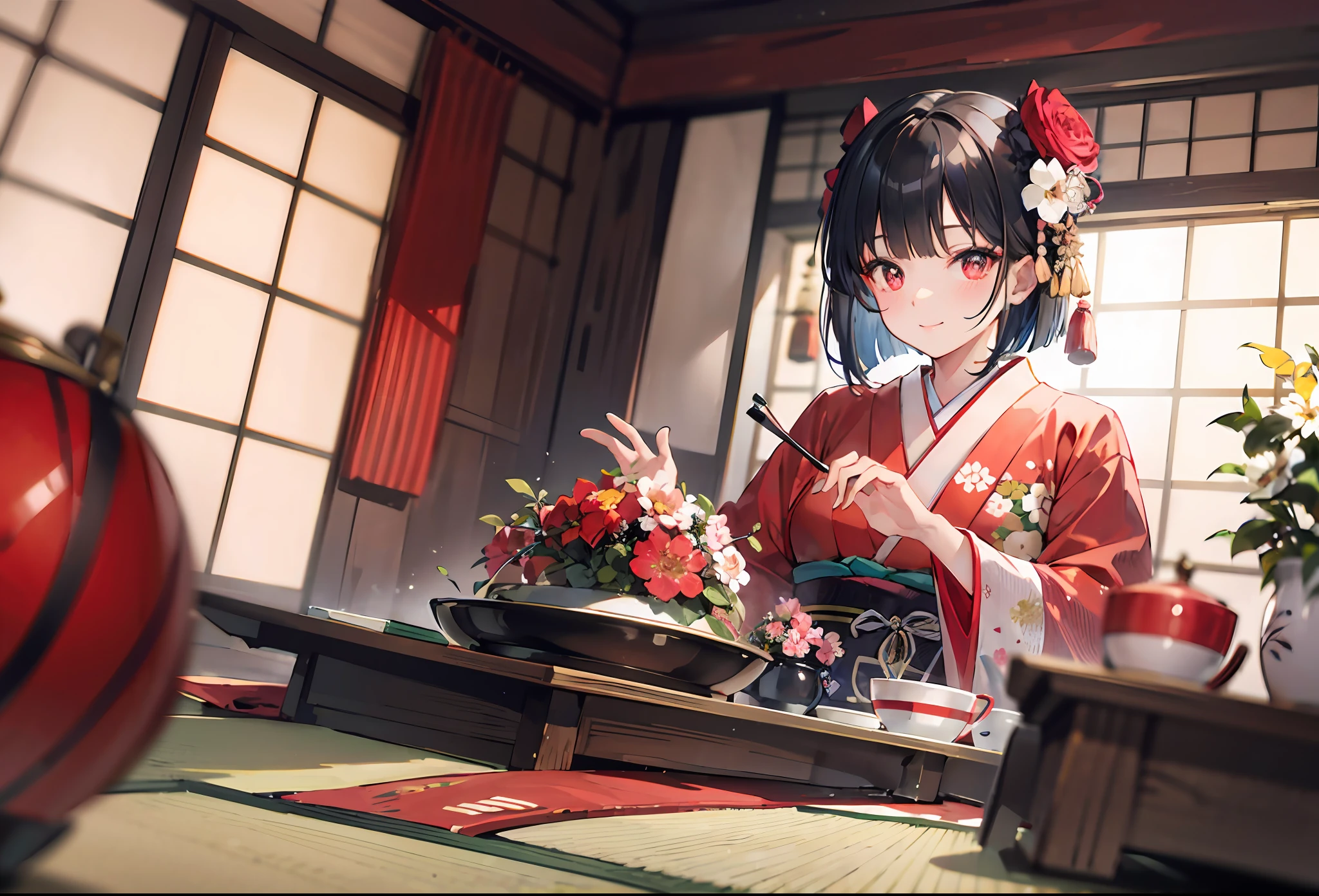 Dynamic Angle, (mastaer piece, Best Quality, Perspective, depth of field: 1.5), absurdist, Photorealism, Film grain, Color Aberration, High resolution, Super Detail, shadowy, very detailed eyes and faces , Sharp pupils, a beautifulchi girl, Black hair, bob cuts, Floral hair ornament, Deep red eyes, vermilion floral kimono, in a traditional Japanese room, mouth Closed smile, flower arrangement,