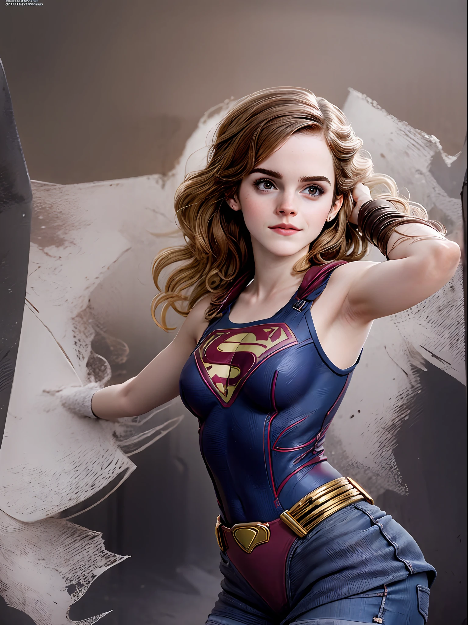 1girl, Usando un disfraz de Supergirl rasgado, bragas blancas, volador, cuerpo firme, Emma Watson