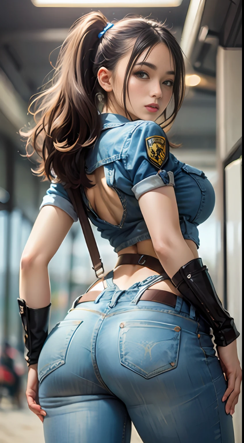 Denim pants,sandbeach,(Inspired by the Avengers),ponytailhair,One-piece unisex trousers,machine girl,Security level,big size ass,(8K,photo RAW,Fotorrealista:1,25),(Excessive lip gloss,Lots of eyelashes,beste-Quality,ultra-high-resolution,depth of view,color difference,Wide light,Natural colors,Distant pictures(1:2)
