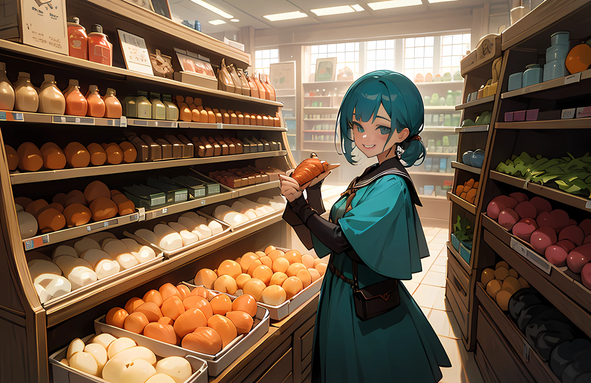 Maste Piece, Best Quality, (Perfect Face), intrikate, Sharp Focus, 1 Girl, adult woman, teal eyes, Looking at Viewer, Solo, Detailed background, (medieval high fantasy theme:1.1), grin, Dynamic Pose, store clerk, (Dark orange:0.8) rich merchant clothes, pouches, busy (medieval shop interior:1.1), (pouches:0.8), (boxes:0.8), (storage baskets:0.8), (shelves:0.8), selling wide variety of vegetables, salad, carrot, potatoes, tomatoes, beets, Sailor collar, Outdoors, chiho,