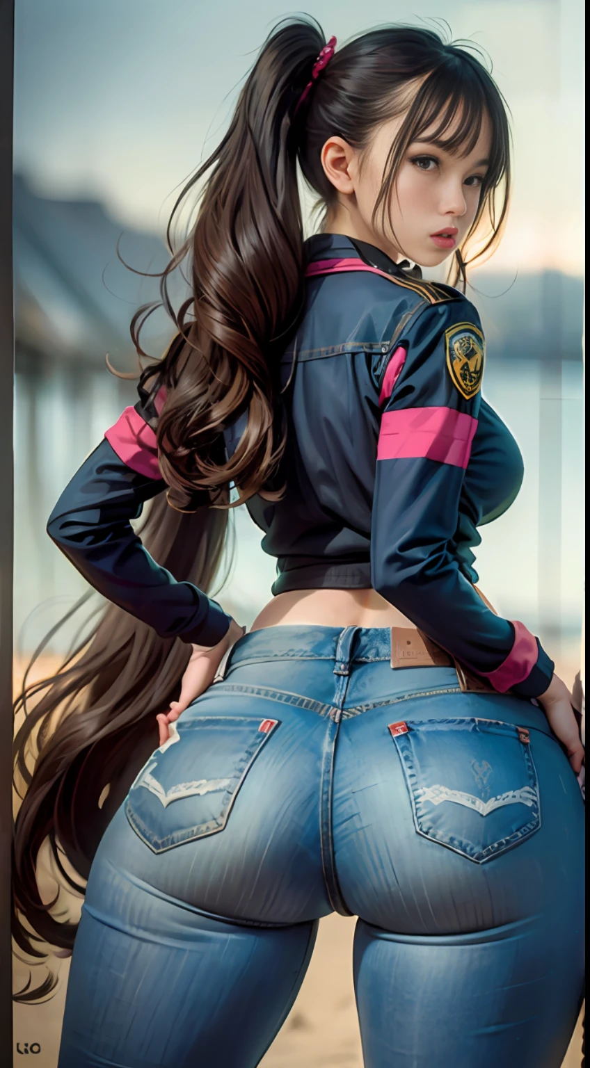 Denim pants，sandbeach，（Inspired by the Avengers），ponytailhair，One-piece unisex trousers，machine girl，Security level，big size ass，（8K，photo RAW，Fotorrealista：1，25），（Excessive lip gloss，Lots of eyelashes，beste-Quality，ultra-high-resolution，depth of view，color difference，Wide light，Natural colors，Distant pictures（1：2）