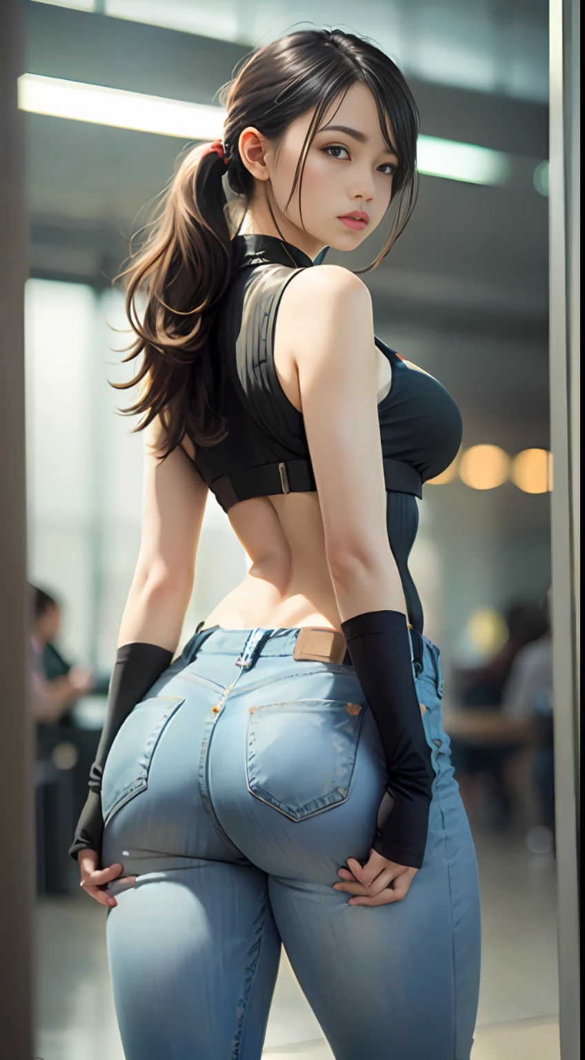 Denim pants，sandbeach，（Inspired by the Avengers），ponytailhair，One-piece unisex trousers，machine girl，Security level，big size ass，（8K，photo RAW，Fotorrealista：1，25），（Excessive lip gloss，Lots of eyelashes，beste-Quality，ultra-high-resolution，depth of view，color difference，Wide light，Natural colors，Distant pictures（1：2）