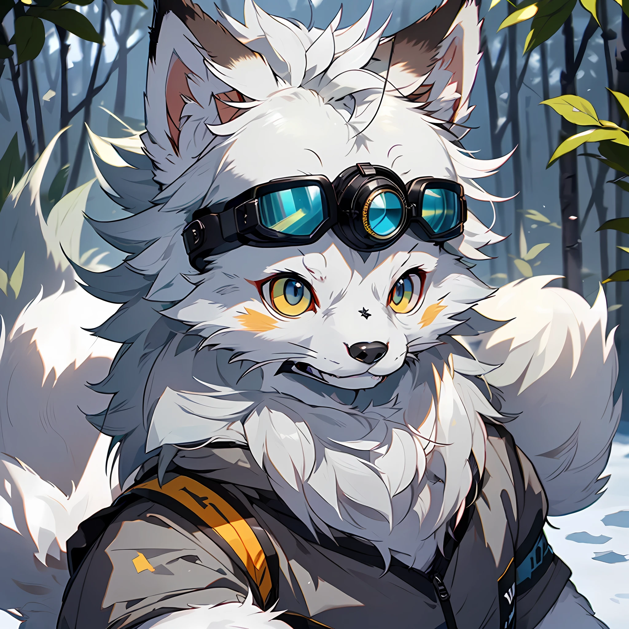 high definiton,Ultra top quality,high resolucion,1080P,(((独奏))),Orc symbaroum,arctic fox,male:1.5,Gray fur:1.3,grey skin,grey ears,Golden eyes,Sharp claws,(Fluffy tail:1.2),Outdoor sportswear,protective goggles.