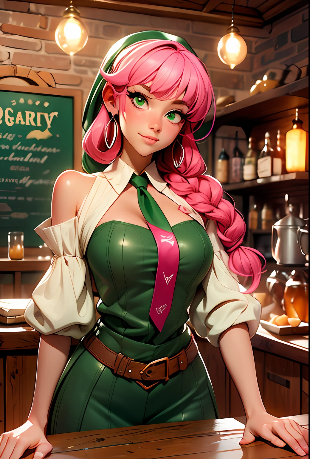 Black Pink , Girl blouse Regatta with pink hair green eyes and a green, Bare shoulder, server, rustic tavern interior in background, pitcher, sign, jovial fantasy atmosphere, detailed background, blurry wooden bar table as foreground, next to a fireplace.