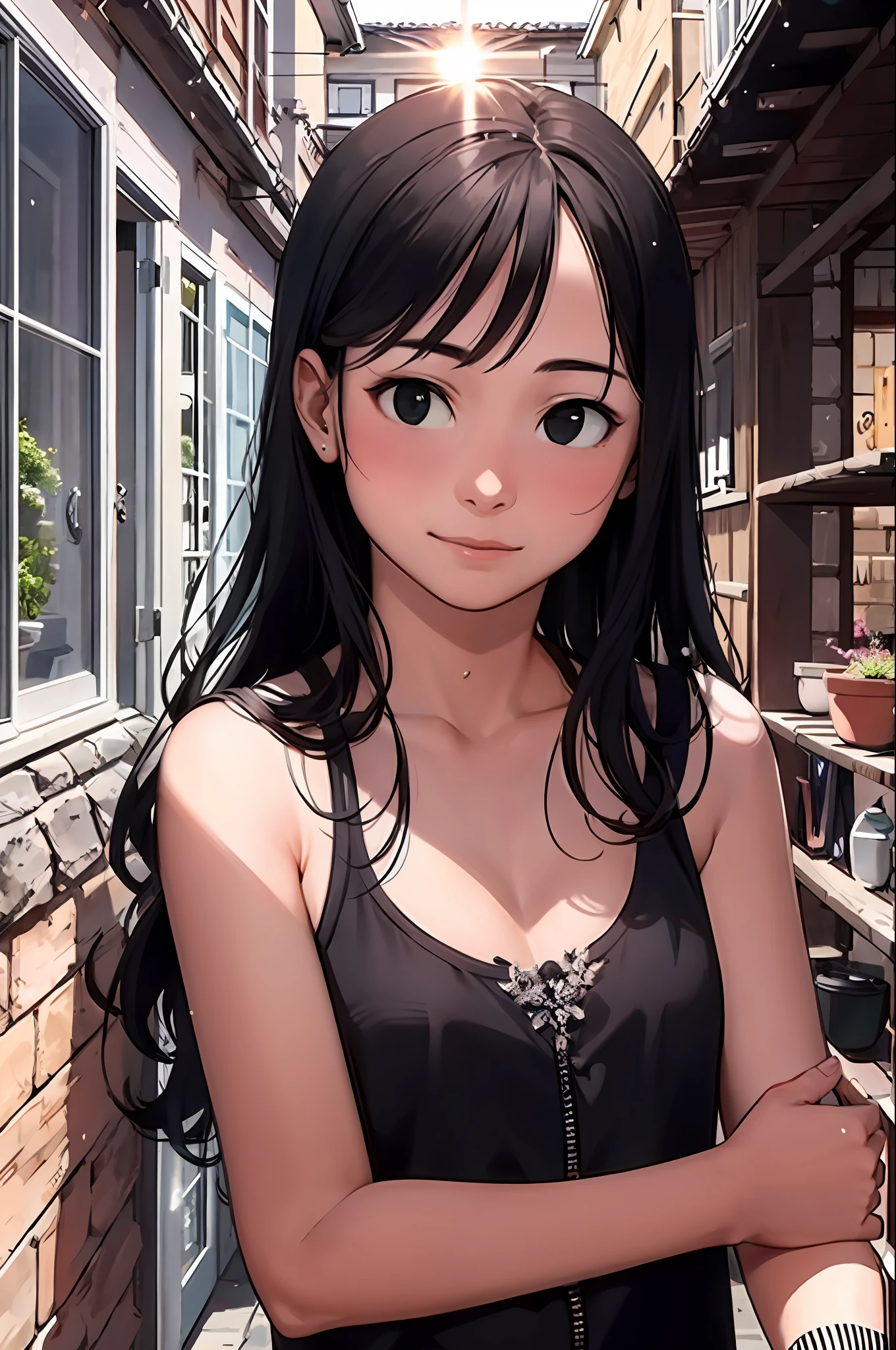 best quality, masterpiece, girl, black hair, black eyes, house, sun shining, shiny skin, sun flare