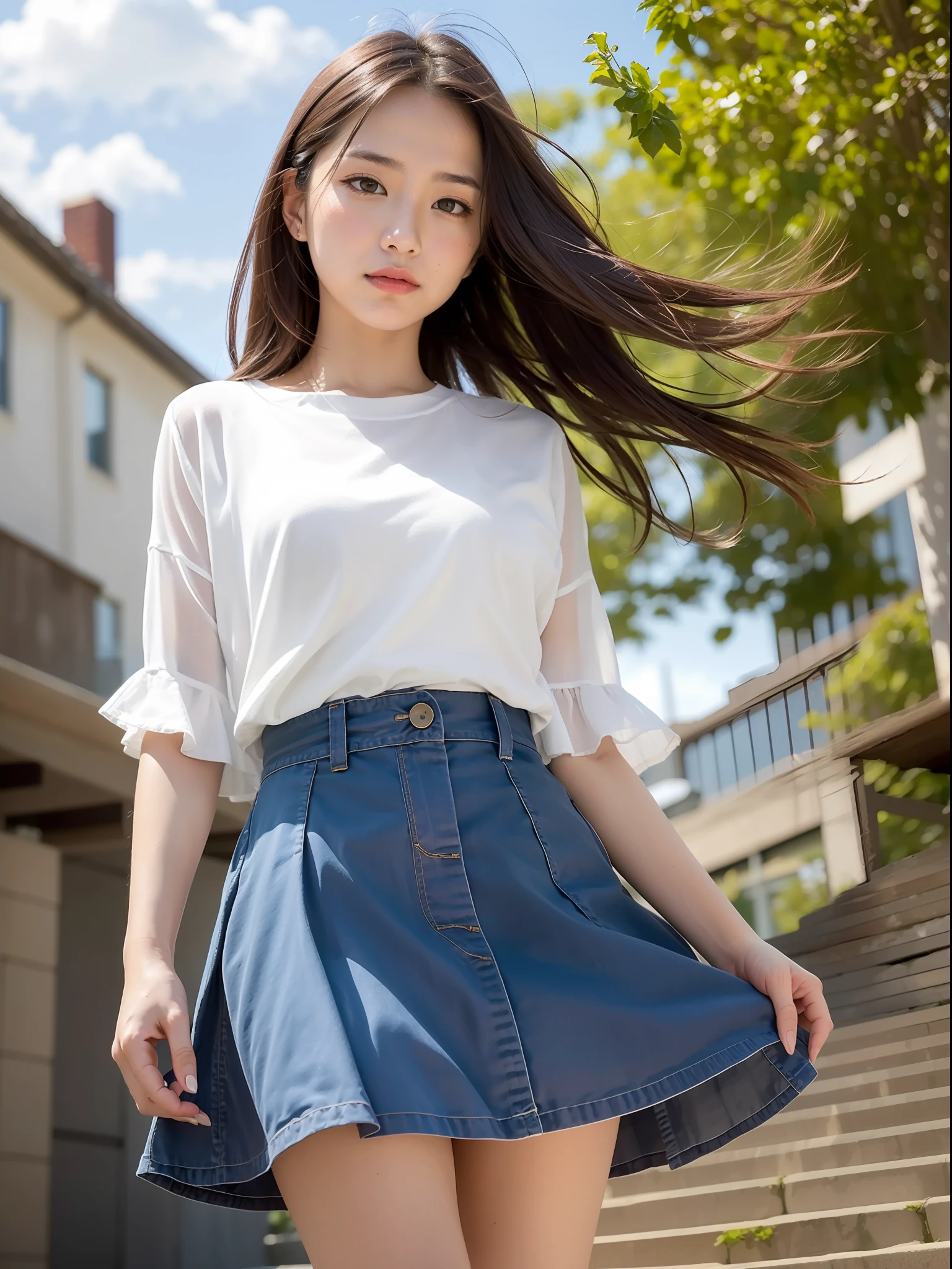 ((top quality, 8k, masterpiece: 1.3, raw photo)), Sharp Focus: 1.2, (1 aespa girl: 1.2), (Realistic, Photorealistic: 1.37), (face focus: 1.1), cute face, small breasts, flat chest, messy shortt hair, (white clothes: 1.1), skirt, standing, from below, sunlight, movie lighting, A beautiful girl with her hair blowing in the wind under the blue sky with white clouds