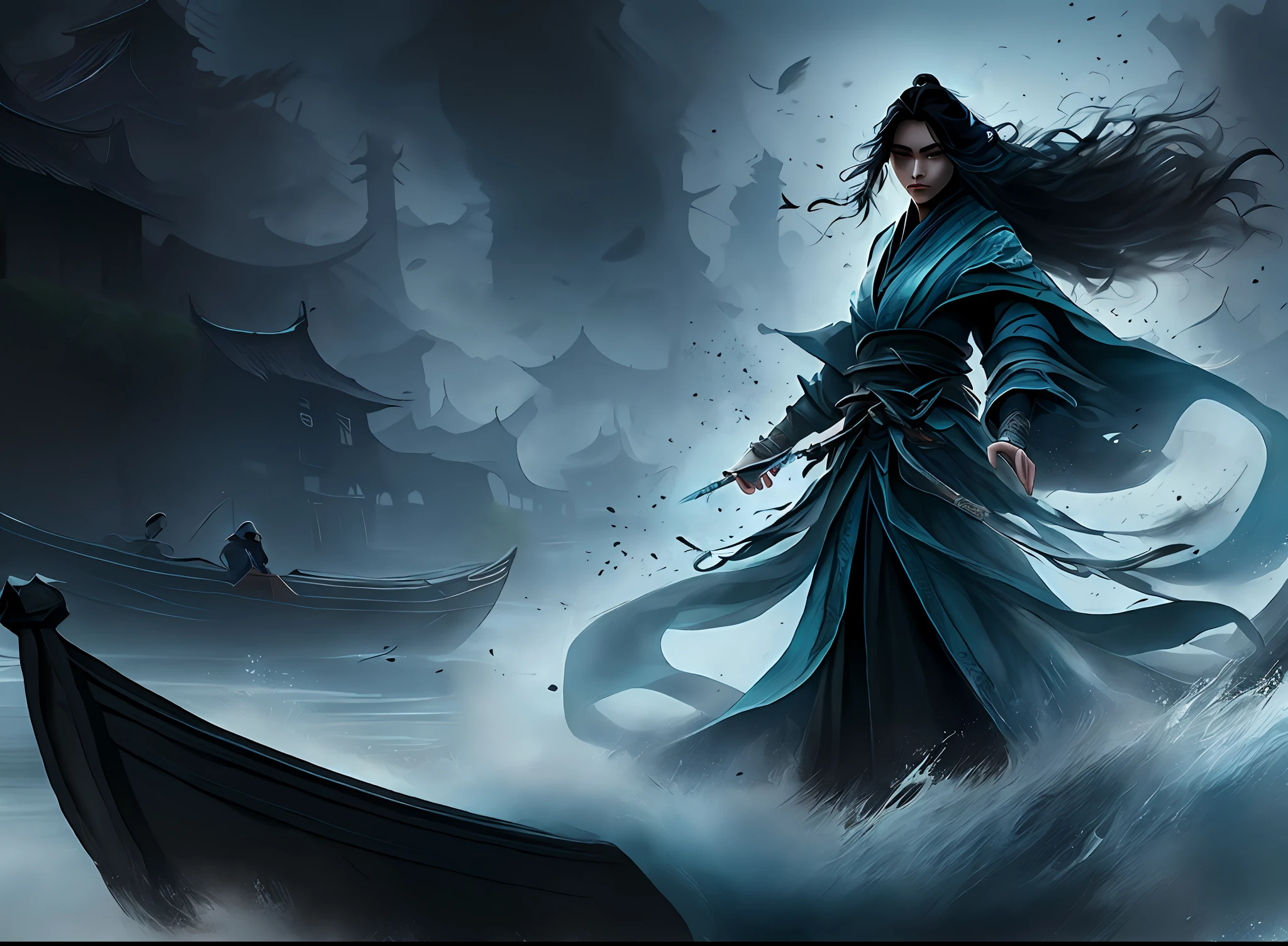 Long hair with a shawl，black har，straight haired，dishiveredhair，Teenage Asian girl in Hanfu，A Jiangnan heroine wearing a cloak，Stand on a black boat in the middle of the river，Expressionlessly，Frigidity，A masterpiece of 8K high quality graphics。