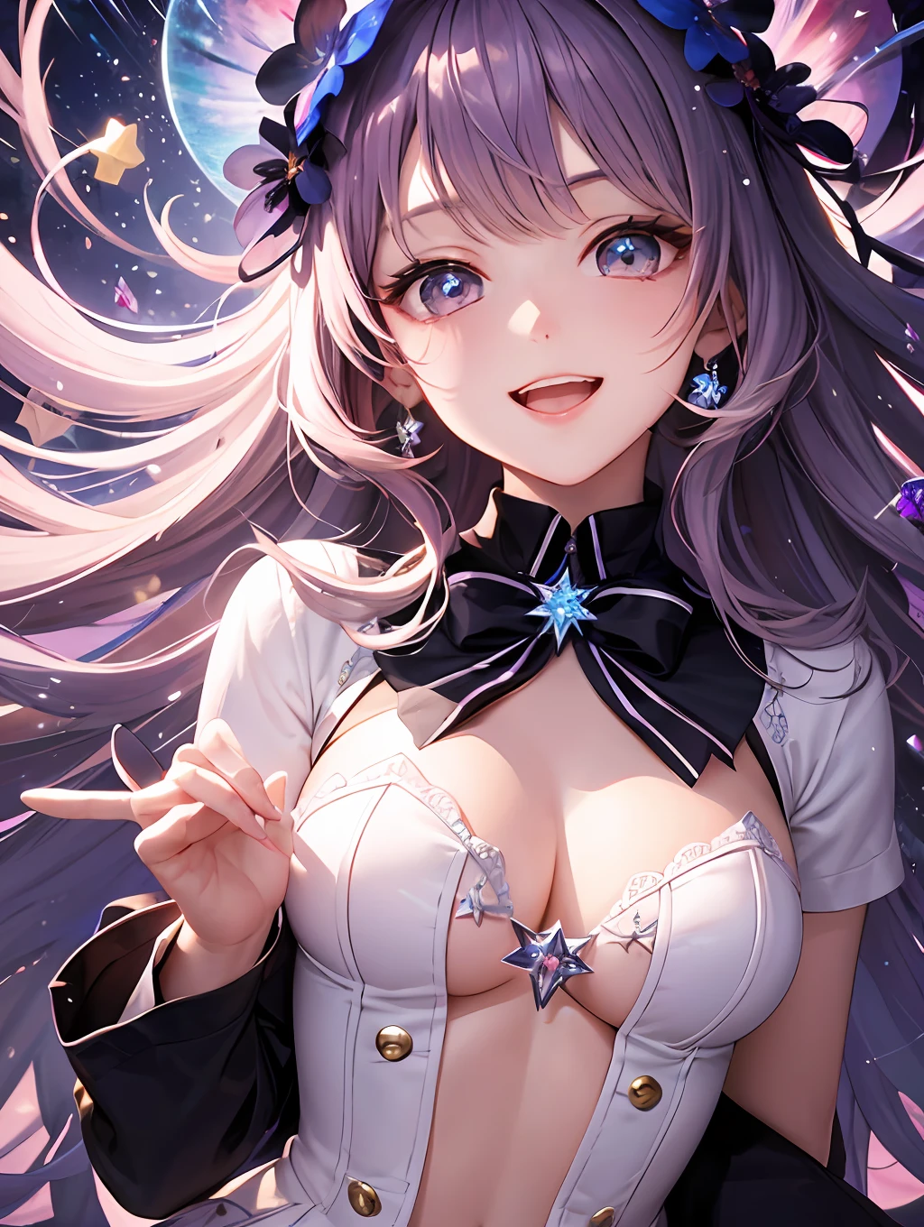 Chest out, absurdist, superfine illustration,rainboweffect, Hi-Def, superdetailed,Light diffusion,highly detailed light reflection, Kaleidoscope, harmonious, Best Shadow, highly detailed very beautiful big smile face, ;D, beautiful growing crystal diamond star pupil,see viewer, beautiful detailed hair, Solo, Dynamic Pose, beautiful detailed pink and black ribon, beautiful detailed High school uniform, Fantastic and sparkling throughout、Shooting stars and windy background detail background