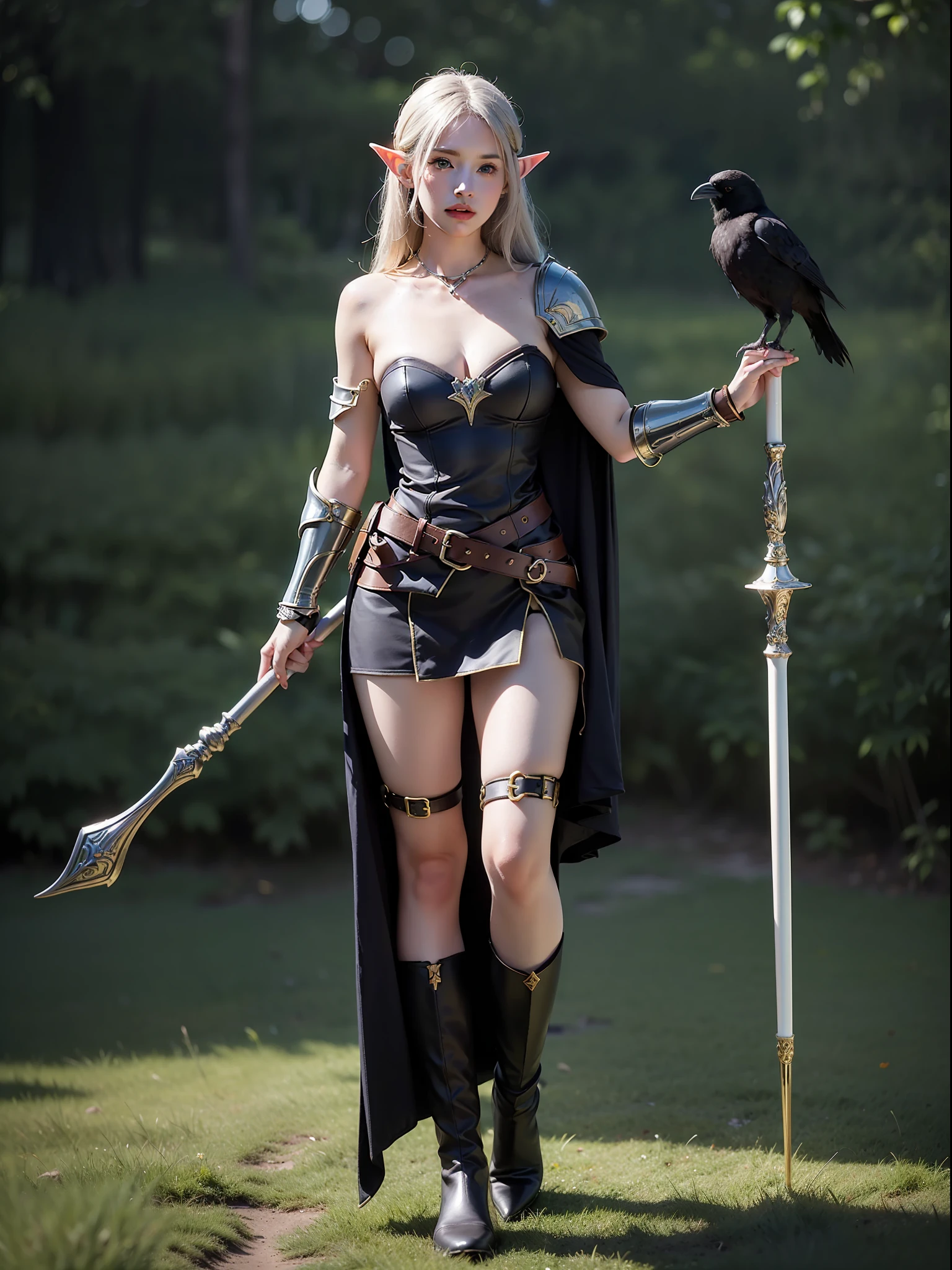 Best quality, masterpiece, ultra high res, (photorealistic:1.4), raw photo, 1girl, offshoulder, in the dark, deep shadow, low key, cold light, green eyes, elf ears, very long hair, bangs, leather fantasy clothes, elf girl, big bust, cute face, full body, medieval , (((full body))), silver details, medieval clothes, detailed face, boots, (((magic staff))), beltt, bracelets, (((shoulder armor))), elegant, (((furr))), dress, (((crow in her shoulder)))