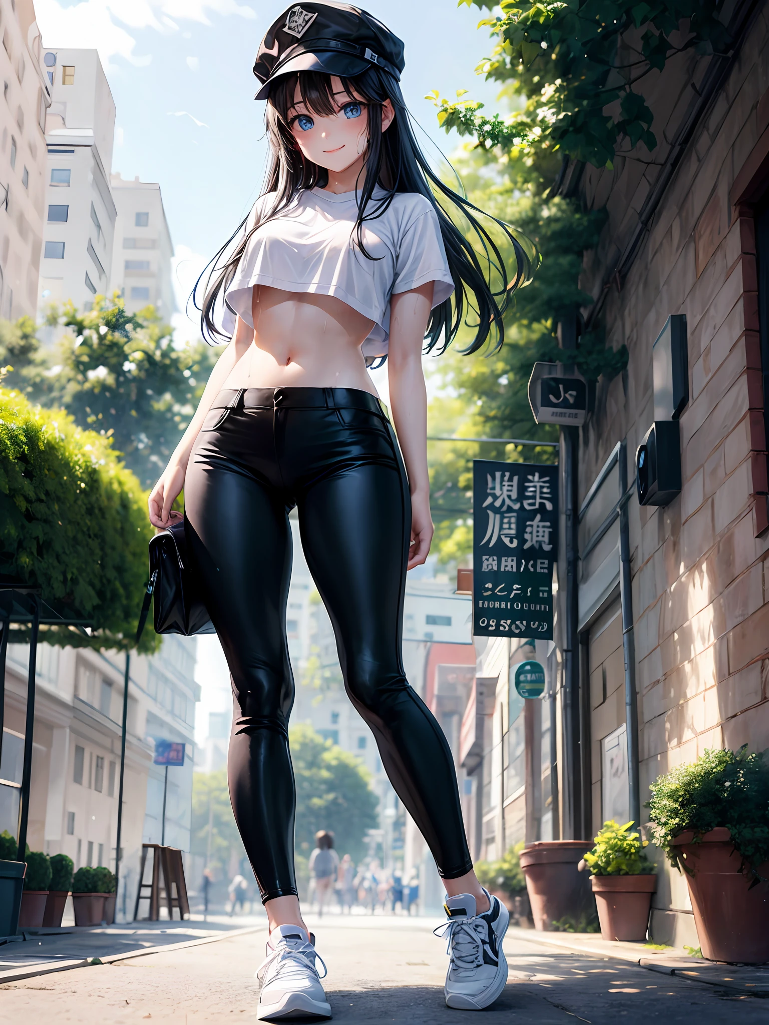 最好质量、One girl、Blue eyes、Small face、Long black hair、Wear a black cap、a smile、large tits、Constriction、Navel、White shirt、Black underwear shows through、Black skinny pants、sneakers、Sweat-soaked hair、beauty legs、daytime、a park、Tree、No people、Background blur
