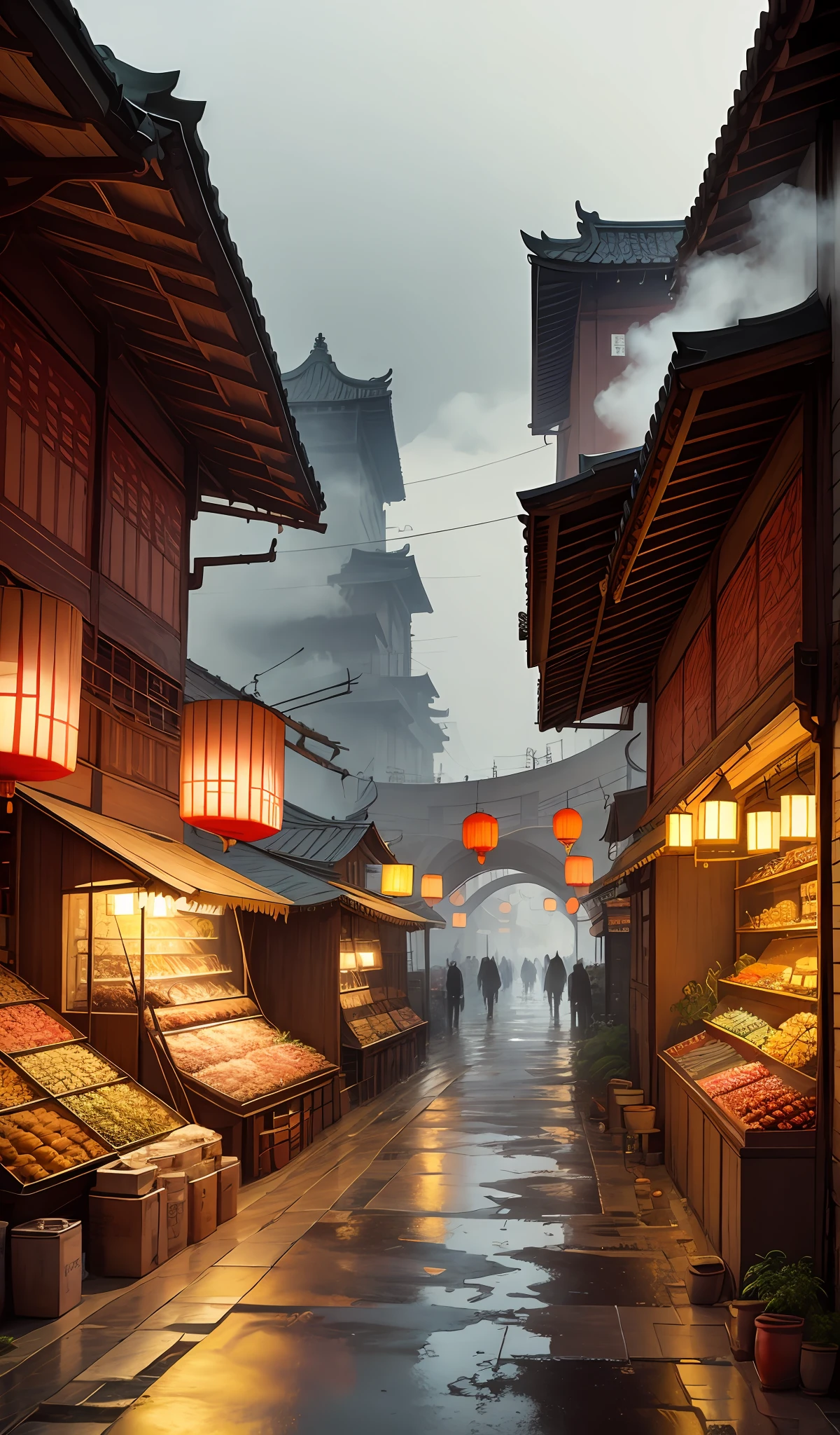 Industrial age city，Deep valley in the middle，architectural streets，bazaars，Bridges，rainy sky，steam-punk，Chinese style architecture，Busy