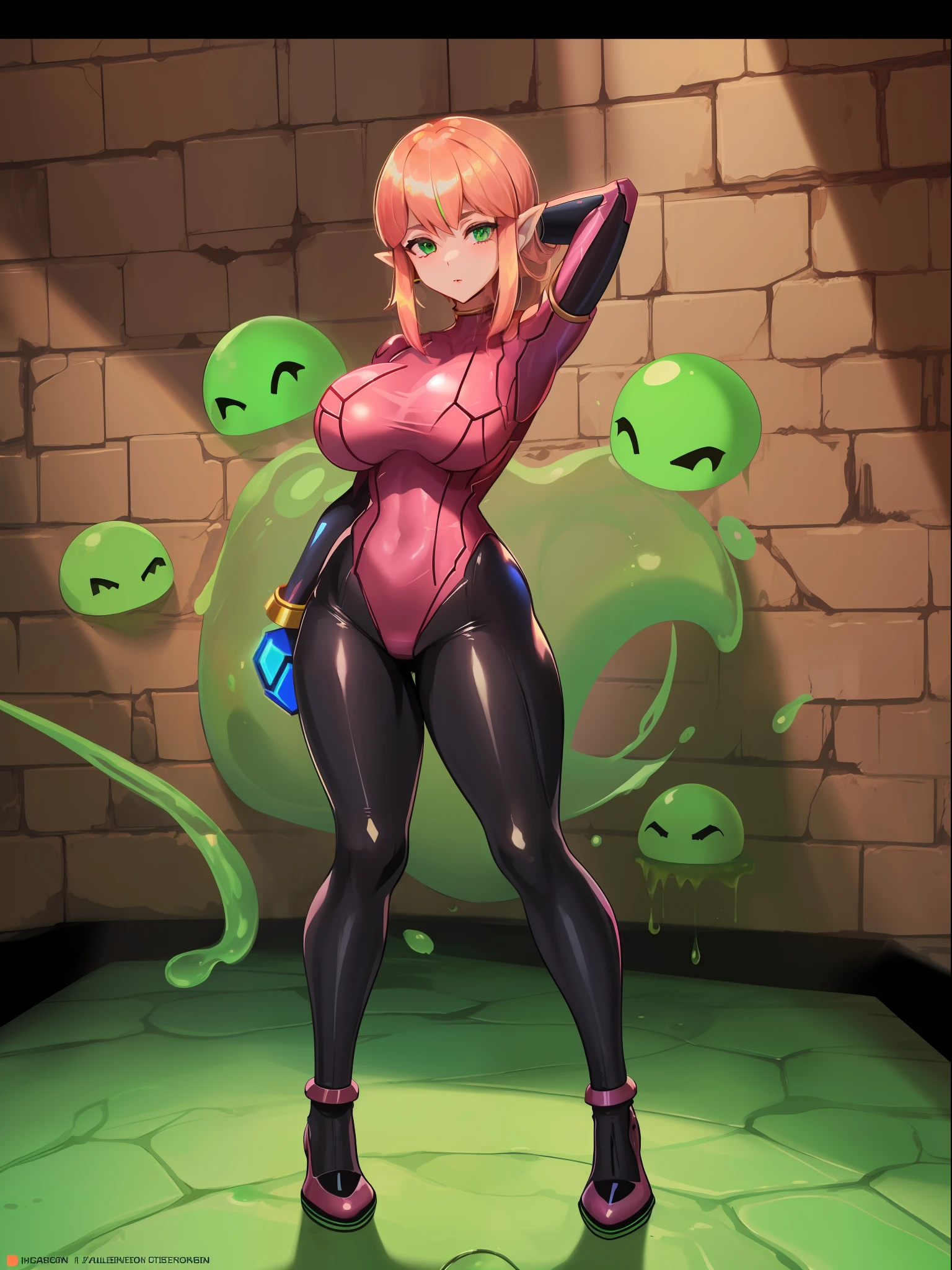 ((full body):1.5), {((Princess Zelda))}, is wearing {((wearing Samus Aran's costume))}, {(((she has very short pink hair, green eyes))), she has ((extremely ))}, she is looking at the viewer, {((feather squeezing))}, ((she is doing  poses))}, {Background: (((in an alien dungeon with several slimes on the floor and walls)))}, ((Super Metroid):1.2), 16k, high quality, high detail, UHD,