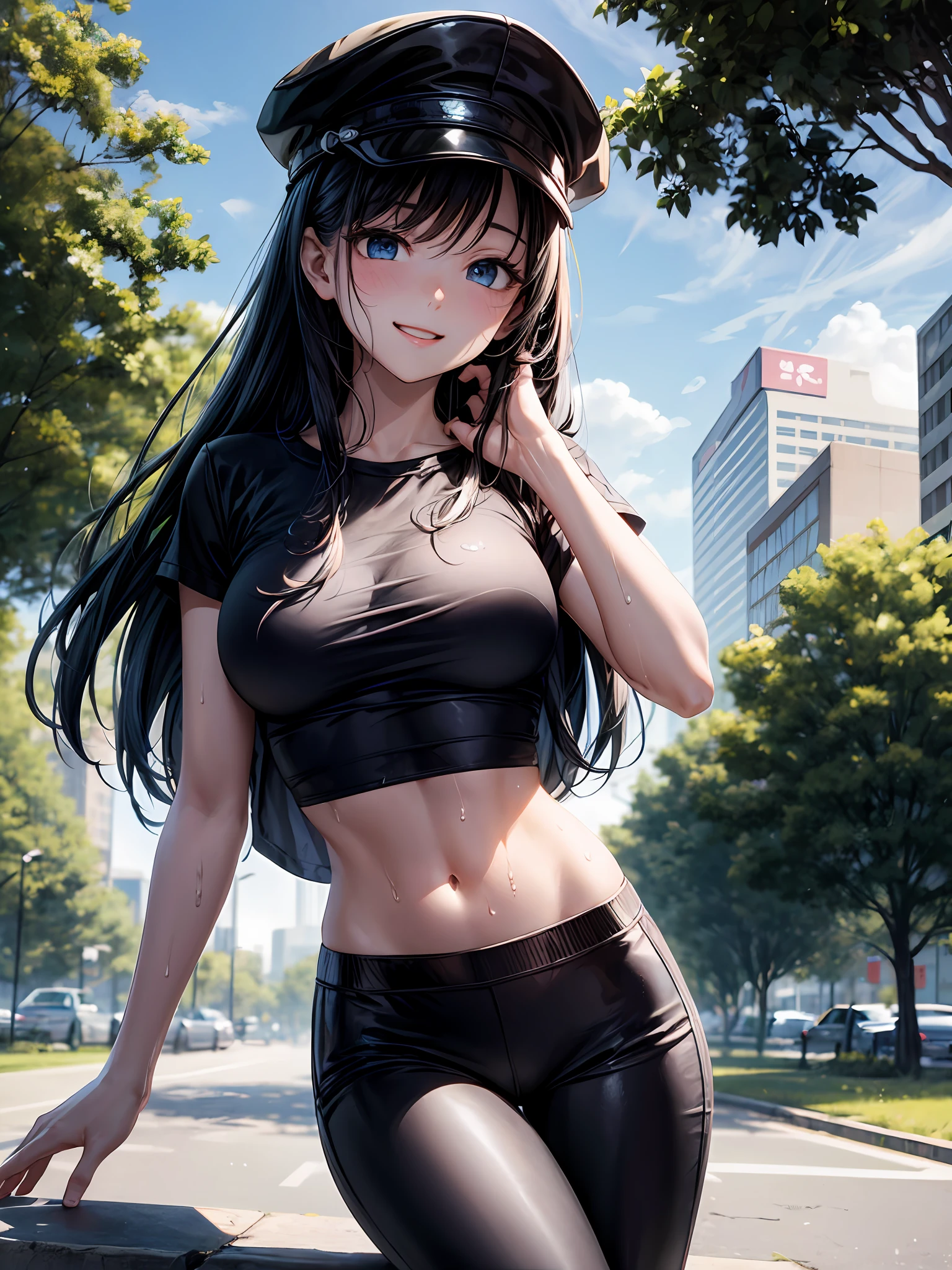 最好质量、One girl、Blue eyes、Small face、Long black hair、Wear a black cap、a smile、large tits、Constriction、Navel、White shirt、Black underwear shows through、Black skinny pants、sneakers、Sweat-soaked hair、beauty legs、daytime、a park、Tree、No people、Background blur