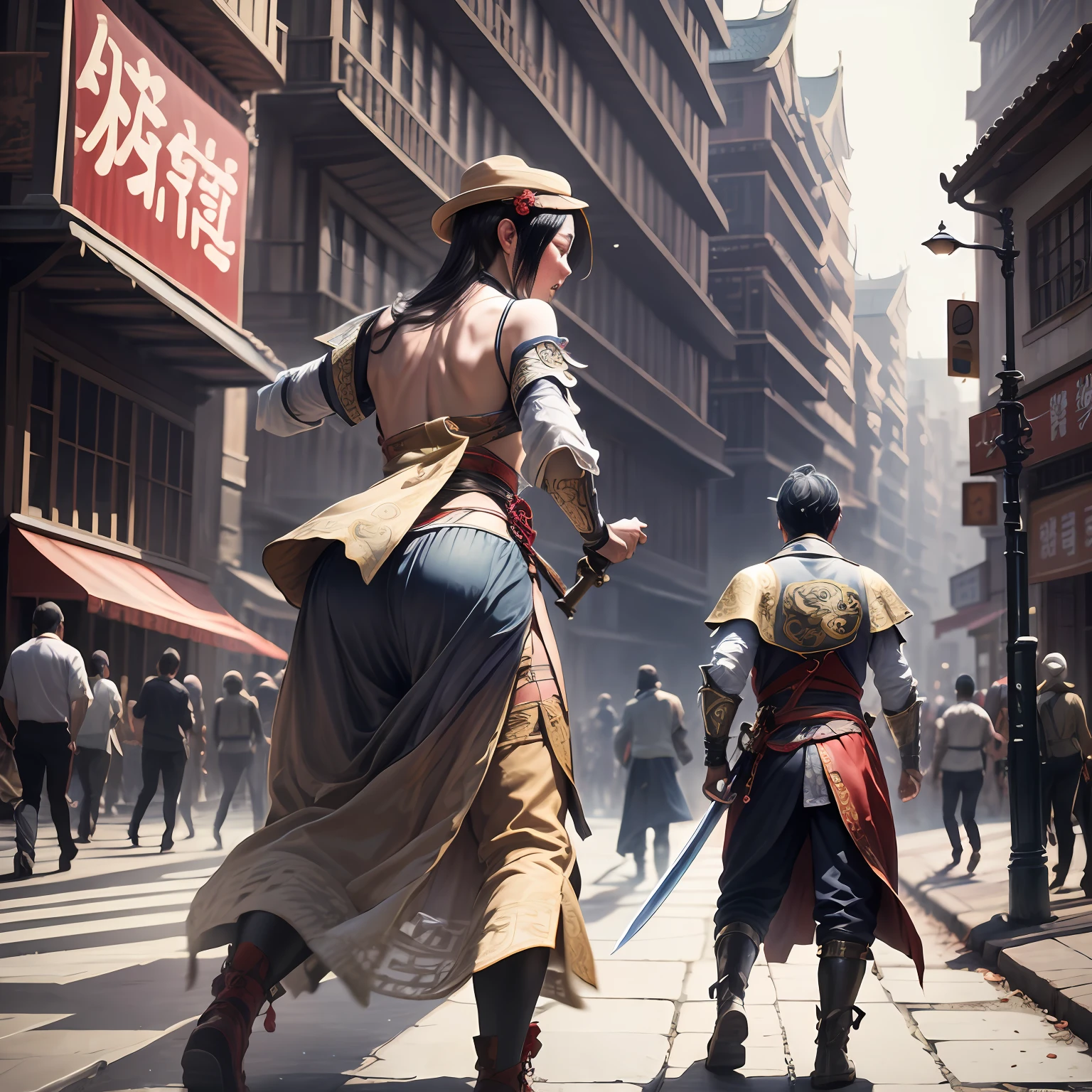 animel,Chinese architecture,Pedestrians on the road,Pedestrian backs,The pedestrian holds a sword in his hand,Pedestrian fight scenes,fighting scene