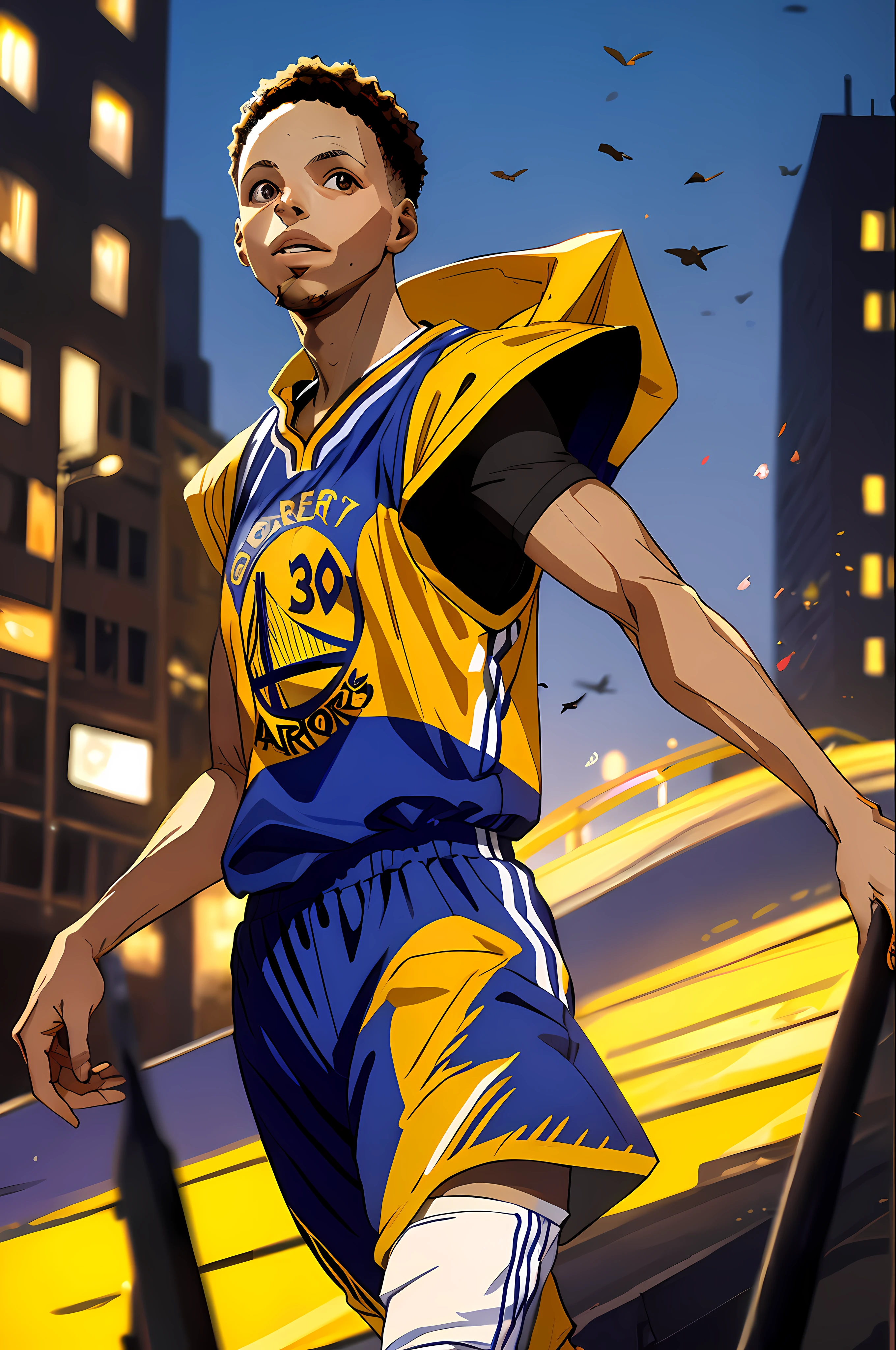 Steph curry, warrior costume, dark city background, sky