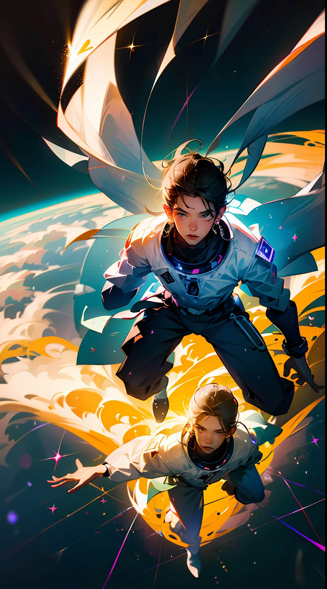 ridiculous resolution, high resolution, (masterpiece:1.4), super detailed, 1boy, seen from above, space, floating, --v 6