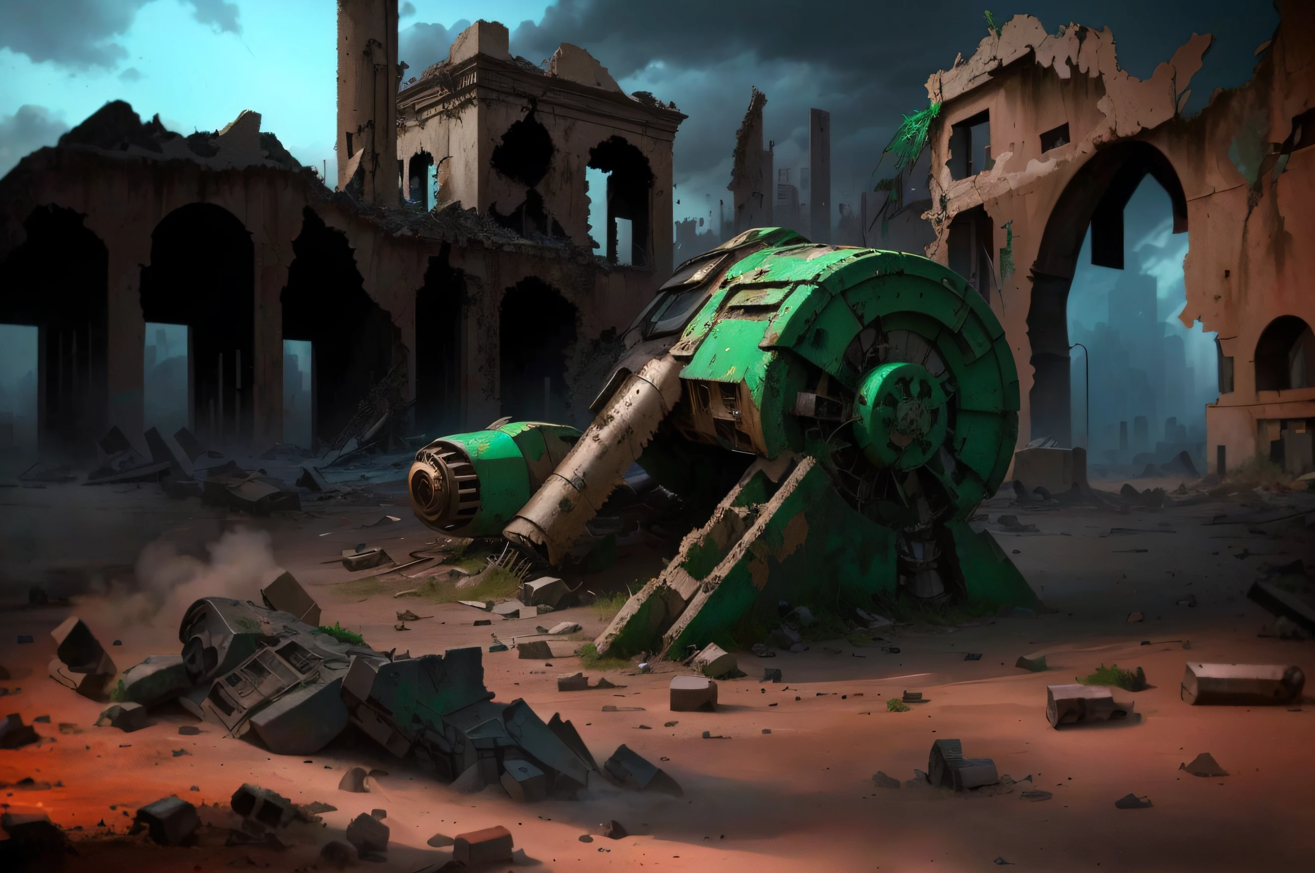 a close up of a green machine in a ruined building, robot city ruins, discarded mech in background, in a ruined cityscape, a ancient crashed spaceship, ruins of ancient technology, ruined city, ruined cityscape, fallout concept art, outdoors ruined cityscape, futuristic ruins, post apocalyptic ancient ruins, highly realistic concept art, ruined empire on the background, stefan koidl inspired