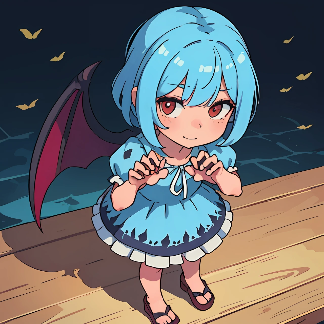 Splash art, cute demon girl, demon wings, cute blue summer dress, showing claw hands pose, with small red claws, (perfect hands), looking to viewer, standing on wooden table, fighting pose, stunning beauty, [[chibi]], close-up, muted colors, deep shadows, trending on Pixiv, 4k