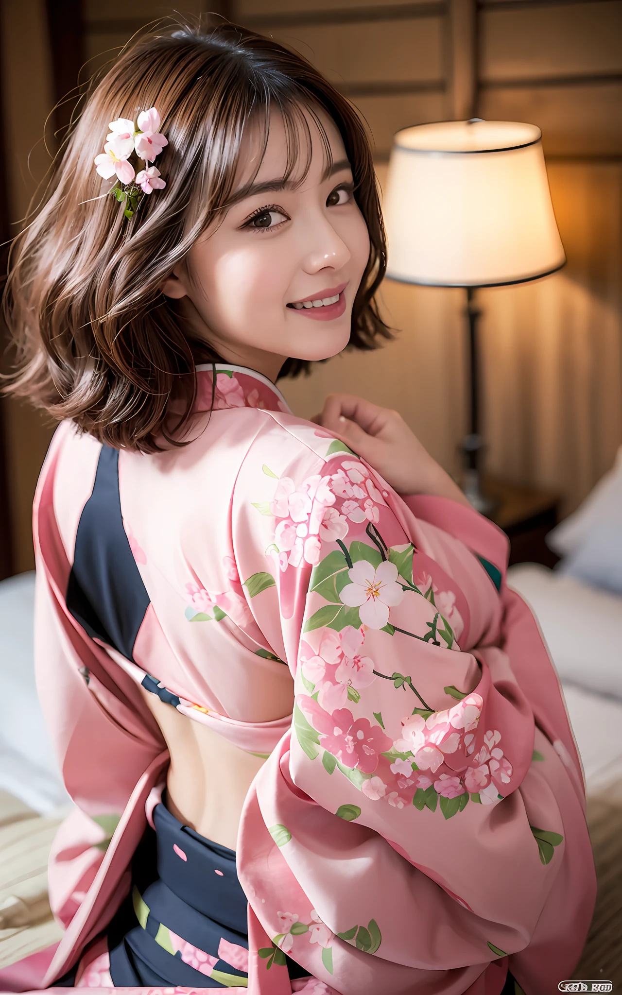 (Photorealistic: 1.2, with the highest quality, 8K, Functional、Wet: 1.3), ( 20 yrs old, Ukrainian gravure idol, Cherry blossom pattern kimono, Sweat: 1.2, Big ass:1.3, bob cuts, body builder:1.3), Fine skin, (Film lighting), Sleep in bed, Soft light, Double eyelids, ((excited))