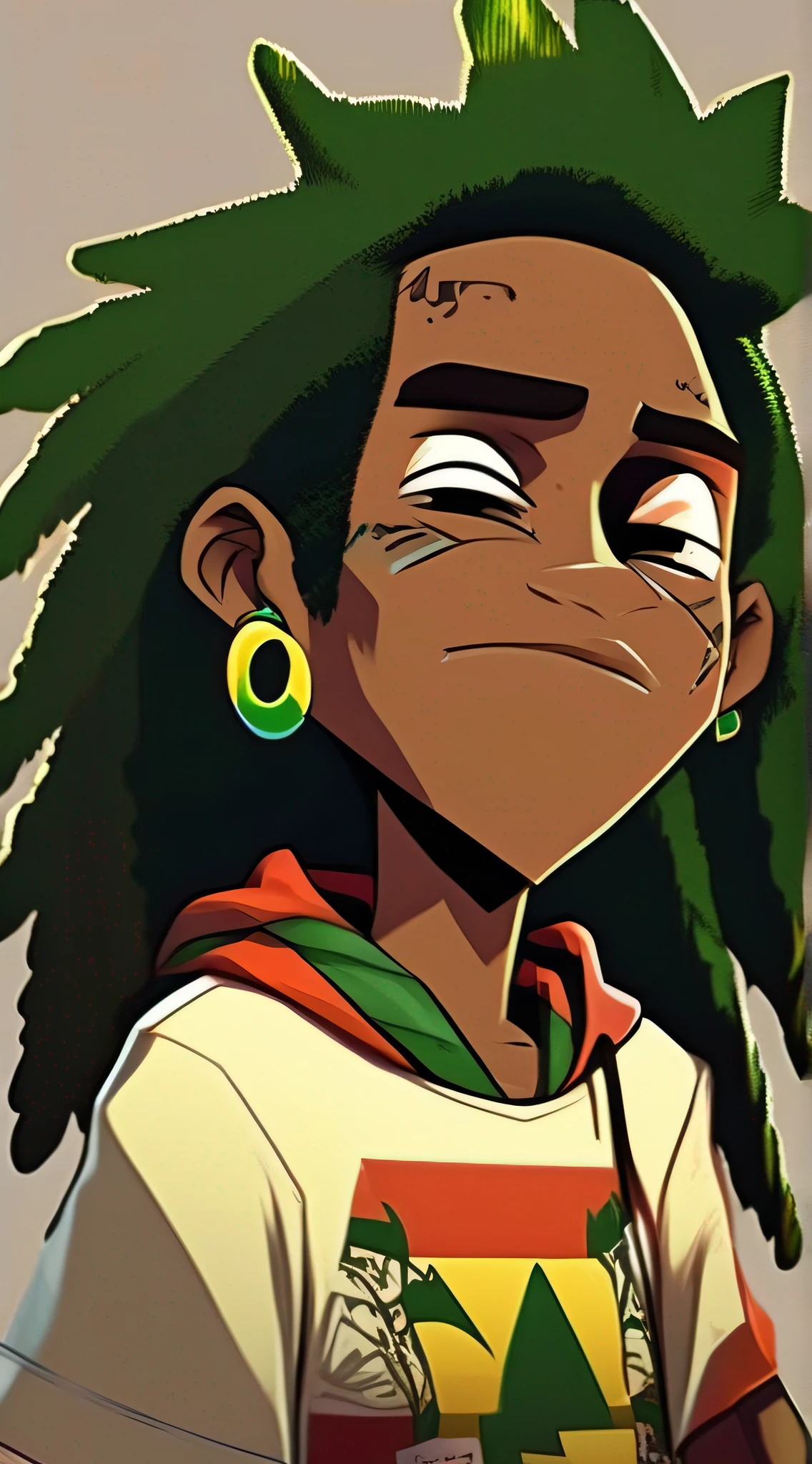 um personagem homem fumando, jovem de 20 anos, rosto perfeito, olhos perfeitos, usando roupas do reggae, Looking at the front camera, (fumando), detalhes intricados, arte estilo cartoon, estilo desenho animado