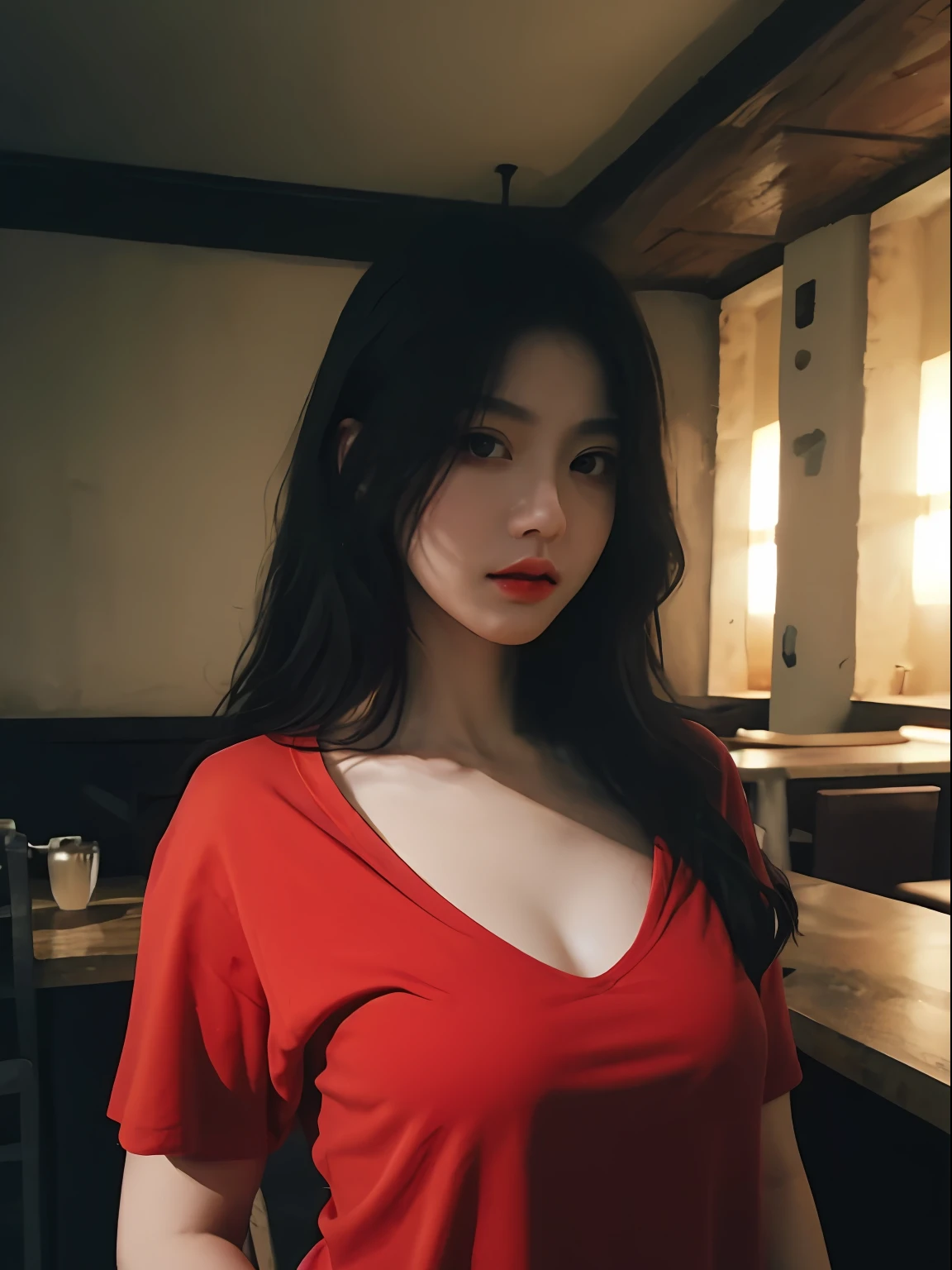 optimal quality， masterpaintings， ultra-high-resolution， （extremely lifelike：1.5）， OriginalPhoto， 1girl huge large breasts， in the darkness nigth， deep-shadows， lowkey， cold light， Sexy look， Red long hair，smallbreast，Red shirt，cafe shop，No chest baring，Back