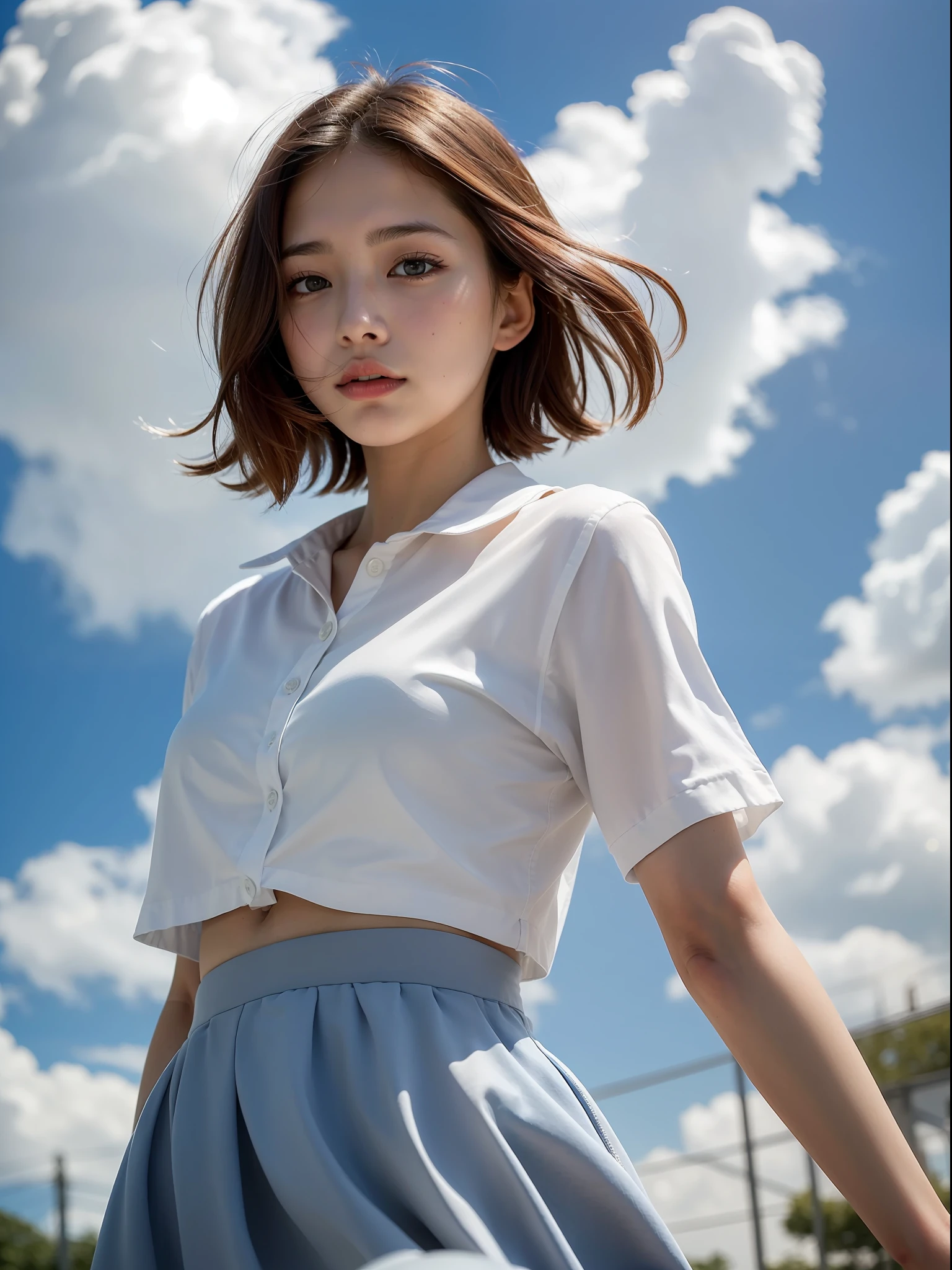 ((top quality, 8k, masterpiece: 1.3, raw photo)), Sharp Focus: 1.2, (1 aespa girl: 1.2), (Realistic, Photorealistic: 1.37), (face focus: 1.1), cute face, small breasts, flat chest, (short hair), (white clothes: 1.1), skirt, standing, from below, sunlight, movie lighting, A beautiful girl with her hair blowing in the wind under the blue sky with white clouds