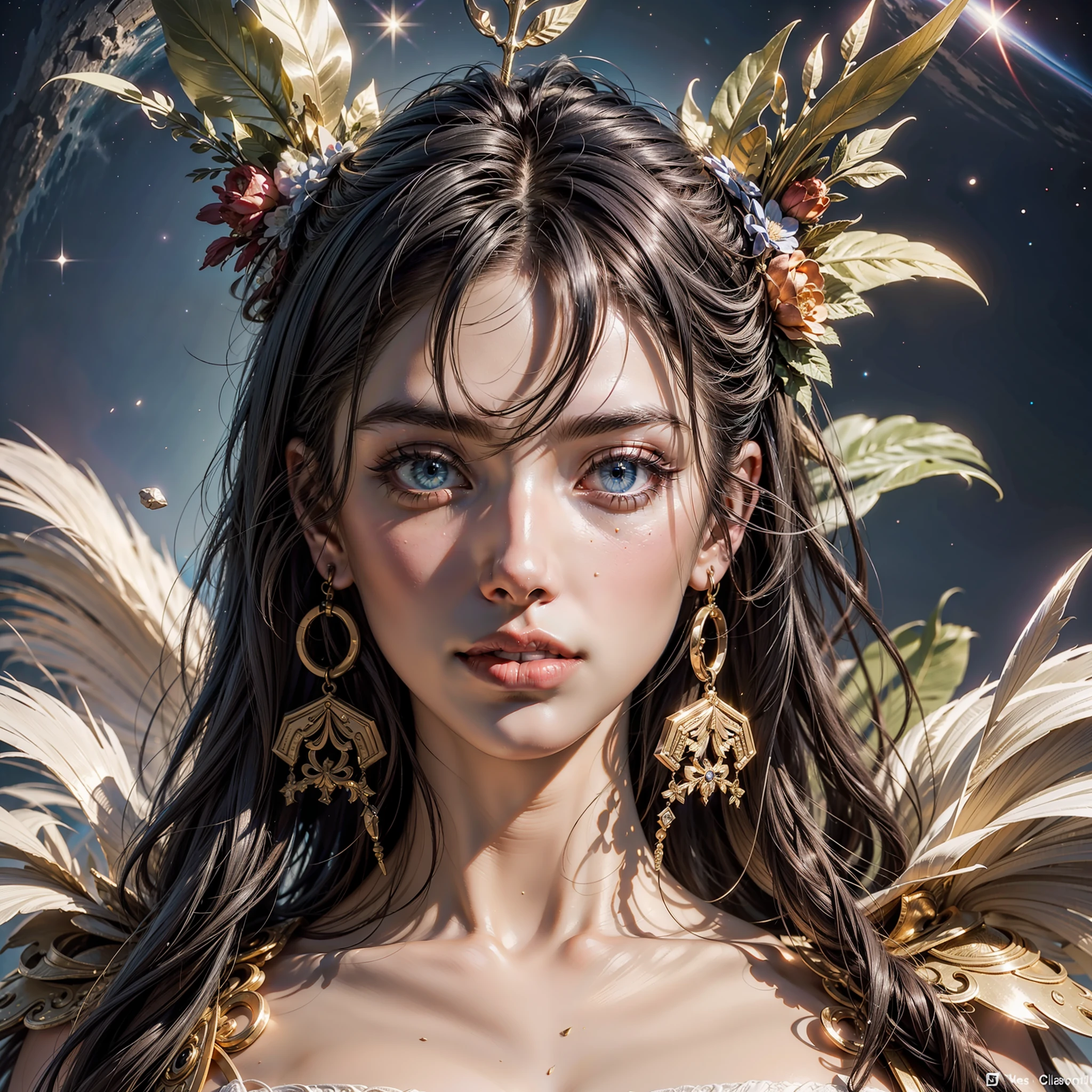 (((hyper detail))),(Extreme detail CG Unity 8K wallpaper, masterpiece, top quality), (exquisite lighting and shadows, very dramatic image, beautiful girl), (cinematic lens effect), concept art, starry sky, night city, neon, haze, looking far away, profile, Alphonse Mucha, decadence, ruin, space, full body, feathers, colorful, royal costume, charming smile, Odd Eye, Blue Eyes, (Dynamic Pose), Background is Space (Excellent Detail, Good Lighting, Wide Angle), Excellent Rendering, Decadent, Grain Film, Detailed Gradient