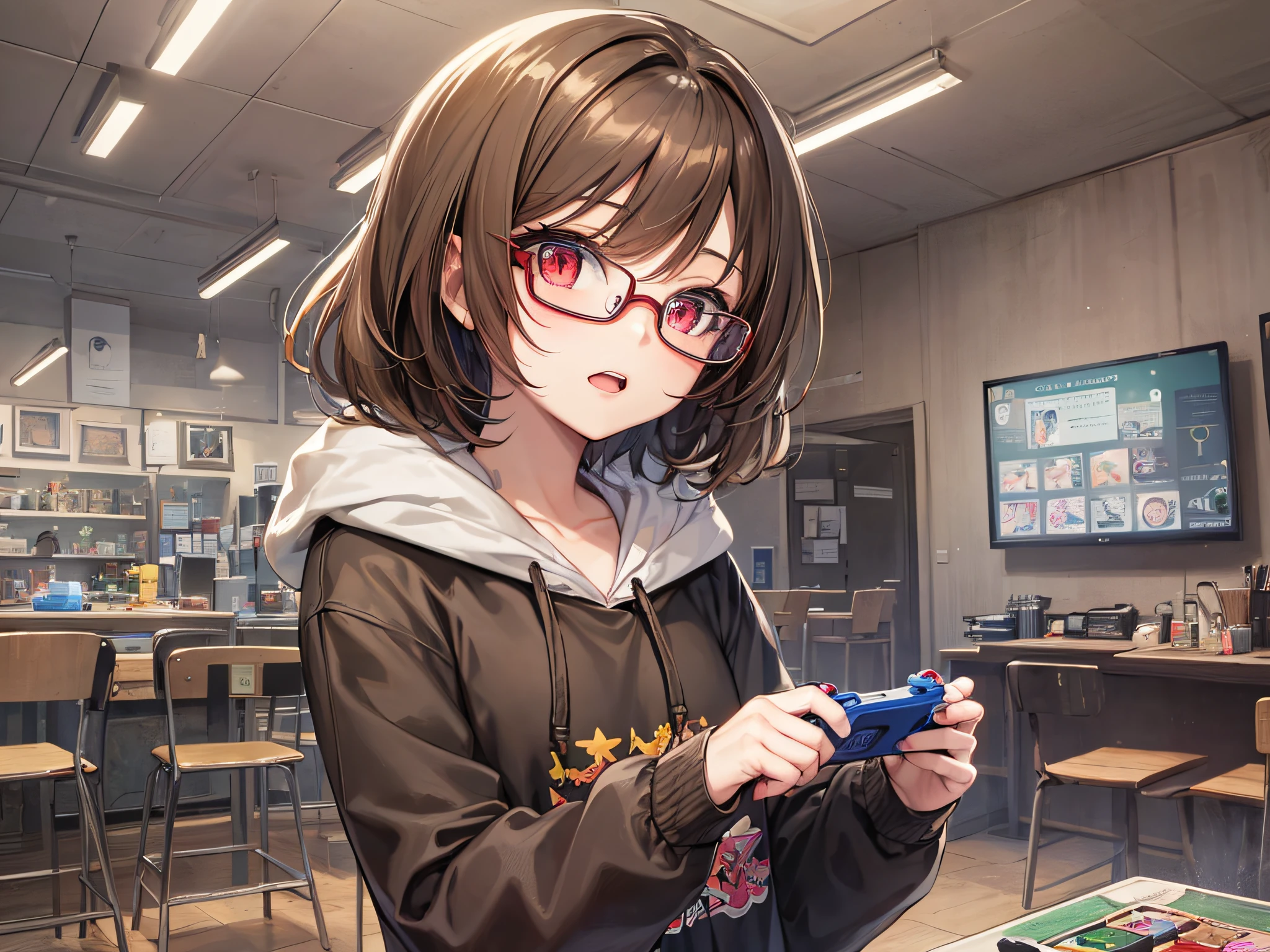 ((Anime girl with light brown hair playing games)), Wearing a hoodie, Smooth Art CG, 最好质量, ultra-high-resolution, Glasses,Live streaming、Rembrandt lighting、(Red eyes)