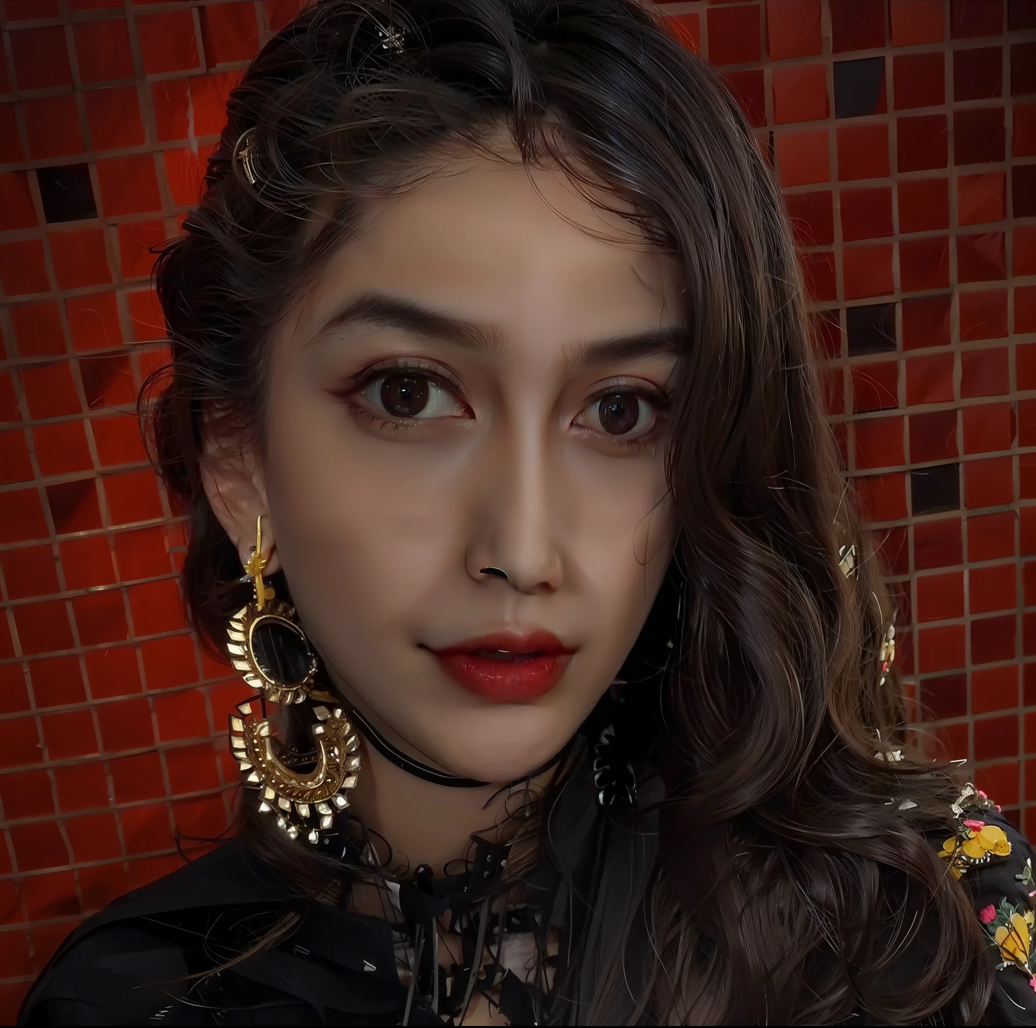 there is a woman with long hair and earrings posing for a picture, inspired by Saurabh Jethani, assamese aesthetic, with professional makeup, wearing intricate black choker, with lovely look, black jewellery, inspired by T. K. Padmini, wearing ornate earrings, traditional makeup, with small studded earings, indian style, wearing an elegant tribal outfit