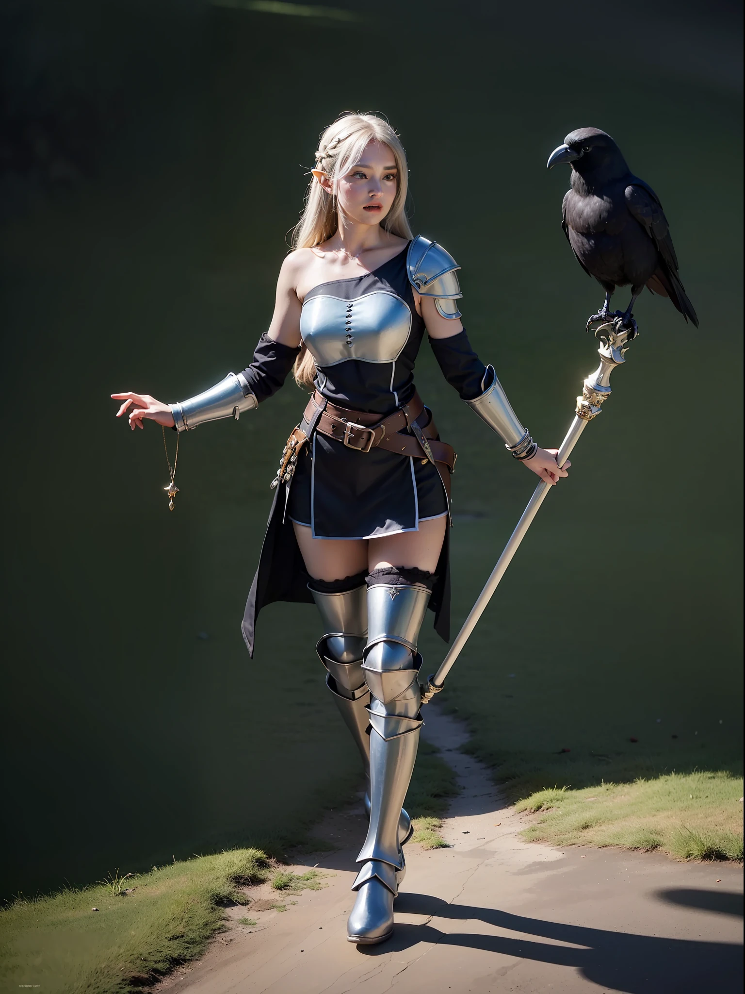 Best quality, masterpiece, ultra high res, (photorealistic:1.4), raw photo, 1girl, offshoulder, in the dark, deep shadow, low key, cold light, green eyes, elf ears, very long hair, bangs, leather fantasy clothes, elf girl, big bust, cute face, full body, medieval , (((full body))), silver details, medieval clothes, detailed face, boots, (((magic staff))), beltt, bracelets, (((shoulder armor))), elegant, (((furr))), (((crow)))