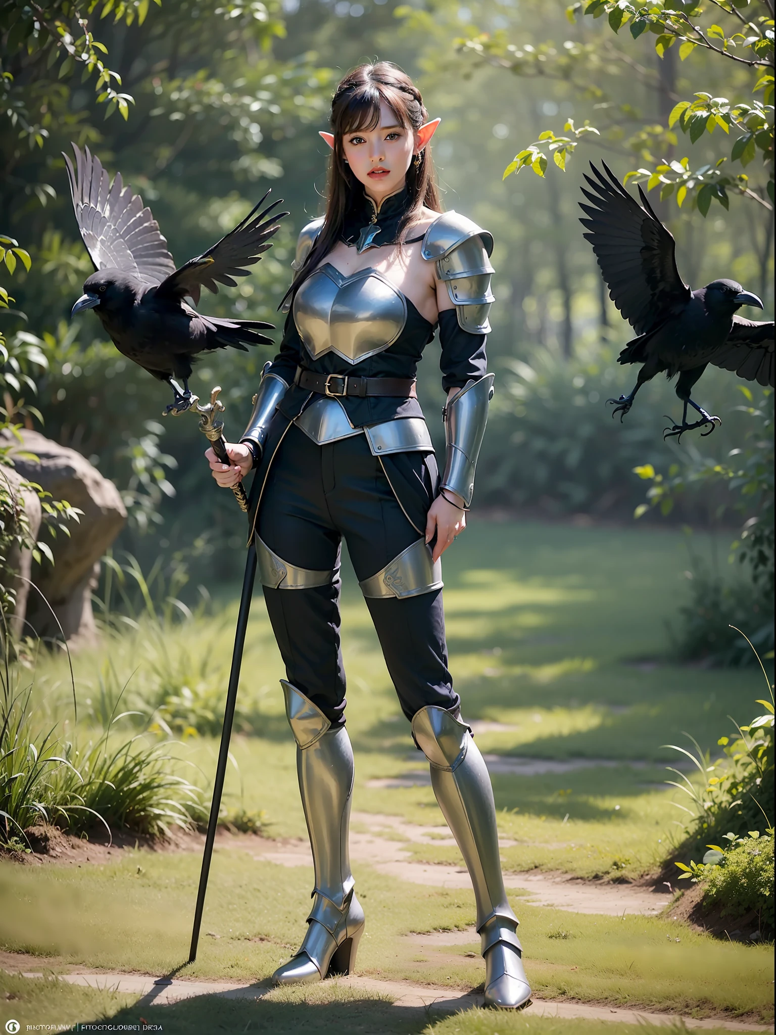 Best quality, masterpiece, ultra high res, (photorealistic:1.4), raw photo, 1girl, offshoulder, in the dark, deep shadow, low key, cold light, green eyes, elf ears, very long hair, bangs, leather fantasy clothes, elf girl, big bust, cute face, full body, medieval , (((full body))), silver details, medieval clothes, detailed face, boots, (((magic staff))), beltt, bracelets, (((shoulder armor))), elegant, (((furr))), (((crow)))