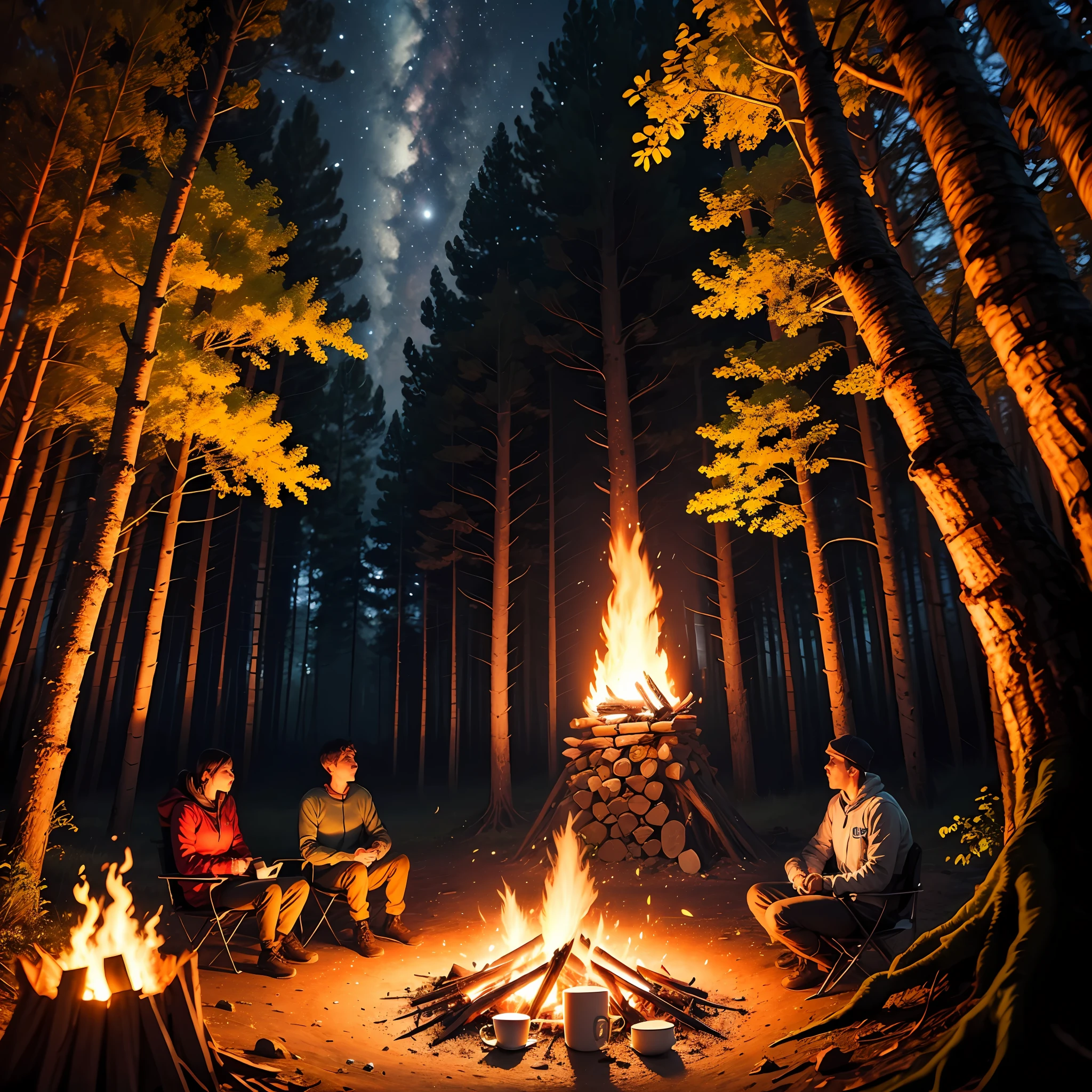 Forest camping, night, camp fire, --auto
