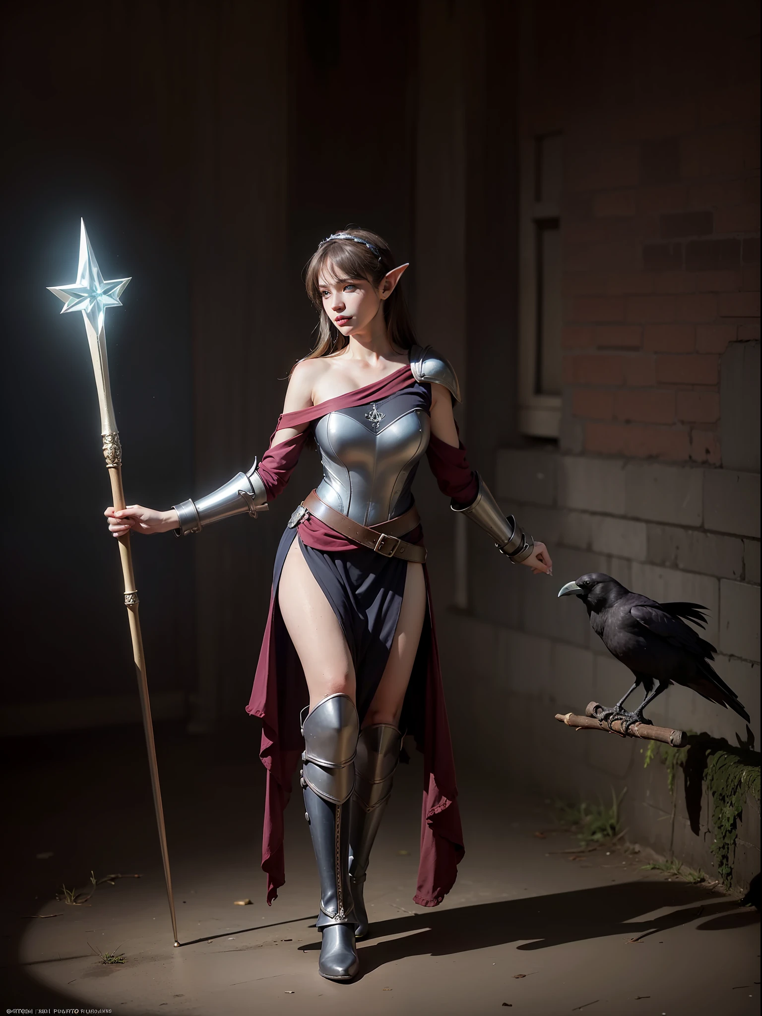Best quality, masterpiece, ultra high res, (photorealistic:1.4), raw photo, 1girl, offshoulder, in the dark, deep shadow, low key, cold light, green eyes, elf ears, very long hair, bangs, leather fantasy clothes, elf girl, big bust, cute face, full body, medieval , (((full body))), silver details, medieval clothes, detailed face, boots, (((magic staff))), beltt, bracelets, (((shoulder armor))), elegant, (((furr))), (((crow)))
