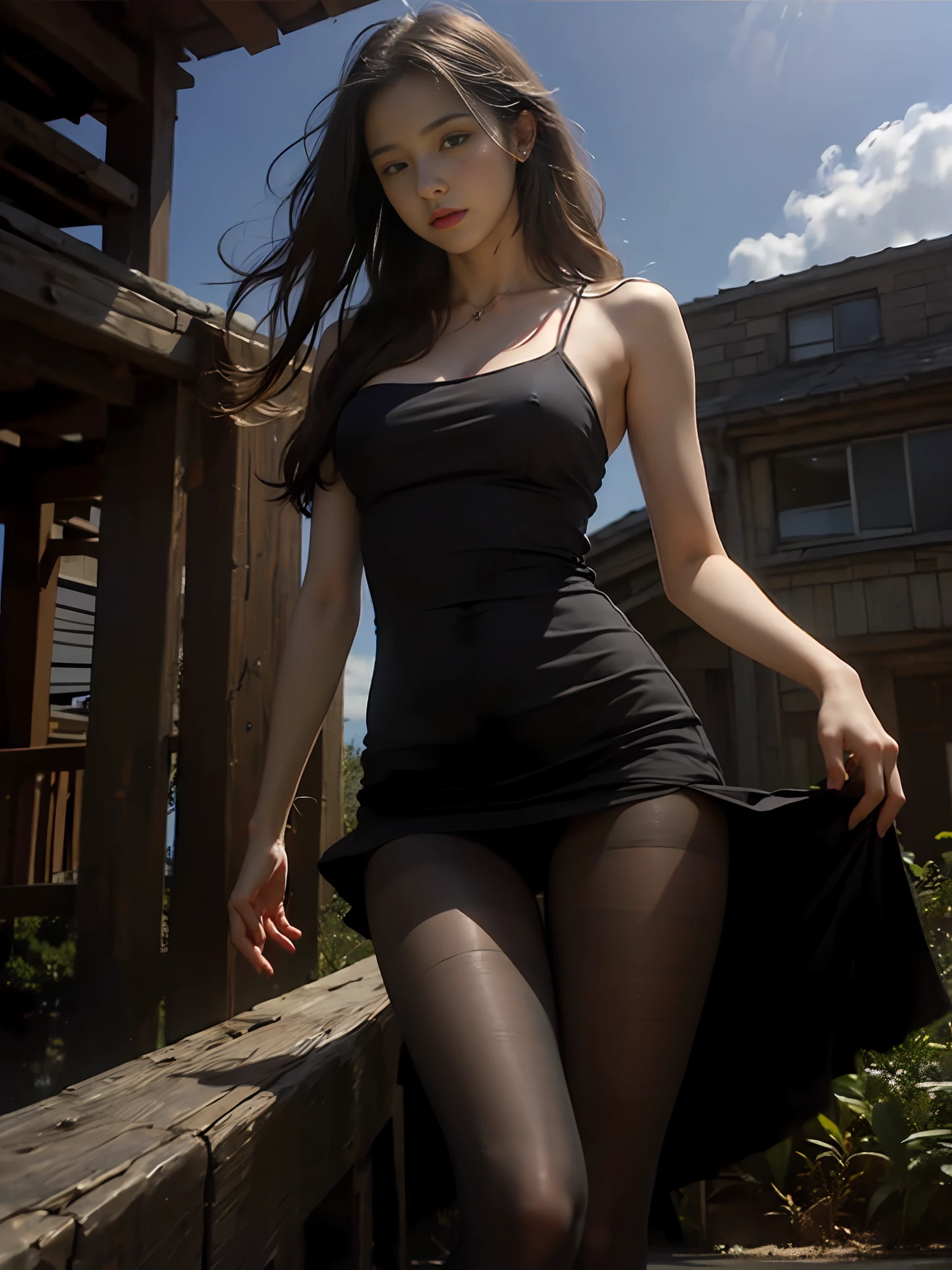 ((Photorealistic,Hyperrealistic, Ultra High Resolutions, The Highest Quality, 8K, Ultra Detailed, RAW Photos, Masterpiece: 1.3)), (sundress, Pantyhose tights, Feminine,legs open: 1.2), Beautiful, Seductive, Beauty, Black Hair, Waist Length Hair, Long Hair,Solo,Embarassing,Blushing,Well-Groomed Fingers,18 yo,from below