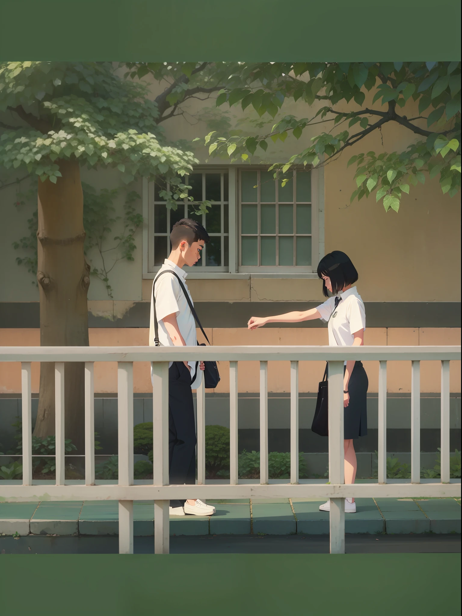 One with medium black hair wearing a white shirt，Black loose-fitting slacks，The boy carrying a black canvas bag on one shoulder looked at a short black haircut，In a white blouse shirt、black short skirt，A girl carrying a canvas bag on one shoulder。The background is the school building，Lined with trees，Bonsai also has a colorful illustration of the ground，finish