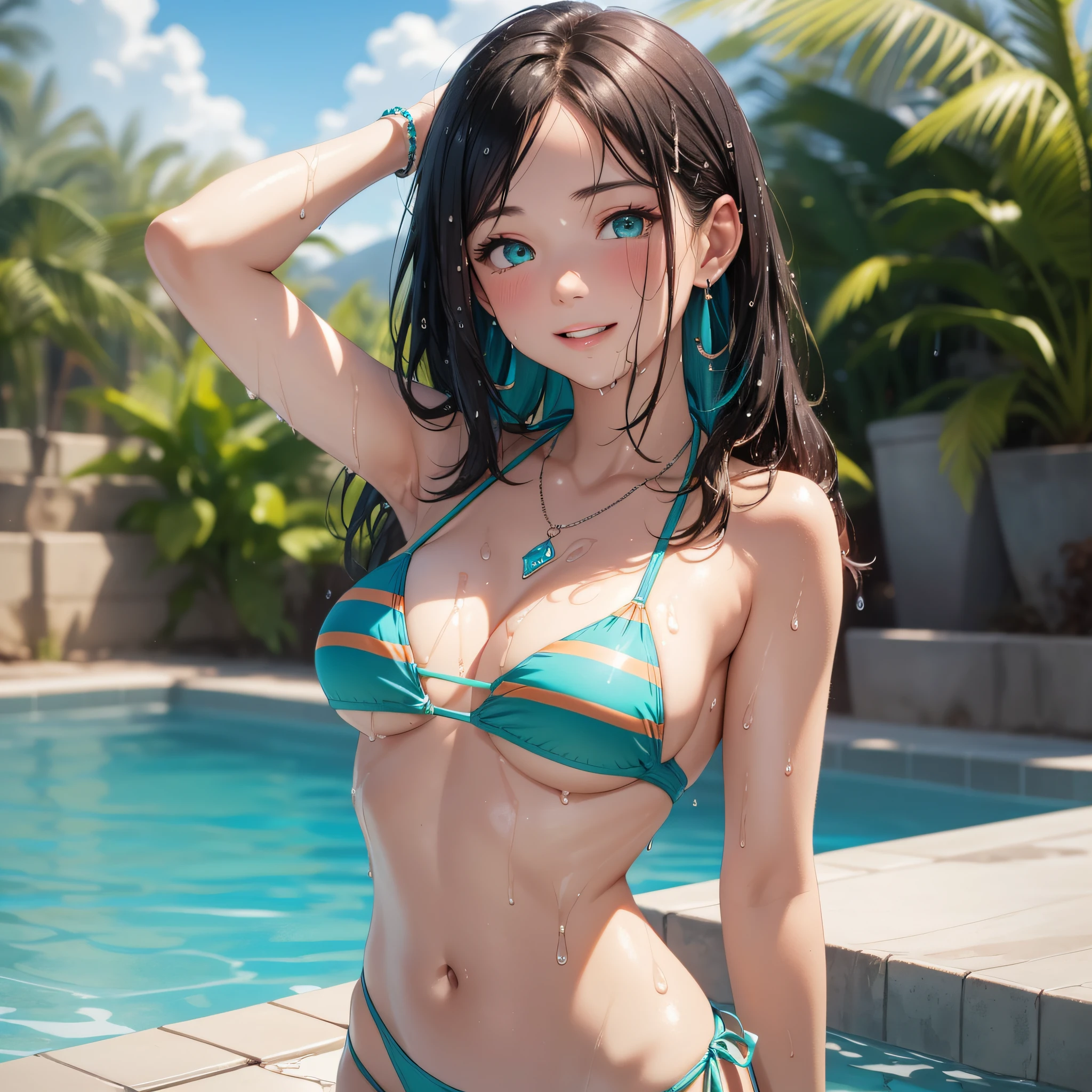 ((Best Quality)), Ultra-detailed, ((Extremely delicate)), [Extremely beautiful], (3D style), 1girl in, 1/3 body, SEXY Pose, action pose, shy and blush, (blush), lovely face, Detailed face, (Little Smile), little lip, (happy and joy expression), ((Beautiful (aqua) Detailed eyes)), (Beautiful detailed face), ([Realistic face]), [sharp chin], Slender figure, Slim waist, ((Medium breasts)), lean forward, (perky breast), (firm breasts), ((Cleavage)), (Exposed cleavage), (Crowded), Shiny skin, three tones hair, Black hair, Brown hair, dark chocolate hair, Long hair, hair falling over the shoulder, (((Wet))), ((high cut bikini)), ((((low-cut bikini top)))), (Transparent Bikini), (pink or red bikini), stripe texture bikini or patches bikini or mix color bikini, Flower hairpin, Small necklace, gemstone necklace, earrings, very small earrings, gemstone earrings, Silver bracelet, metal armband, armband on both arms, (((Illustration))), [realistic character], Beautiful fingers, (medium shot), focus on bikini bottom, Looking at Viewer, Standing, stand at pool, (lot of splash of water), (water surface), hand fiddle with hair, (((from below))), (Soft colors), ((Cinematic lighting)), ((Soft shadows)), Dynamic Angle, plein air, Sunny, (((wind blowing on the girl))), (at pool), (splash around girl), random public in background, airplane cloud in background sky, Mountains on distant background々and beautiful clouds, ((insanely detailed background)), (a blurry background), nice hand, Perfect hands