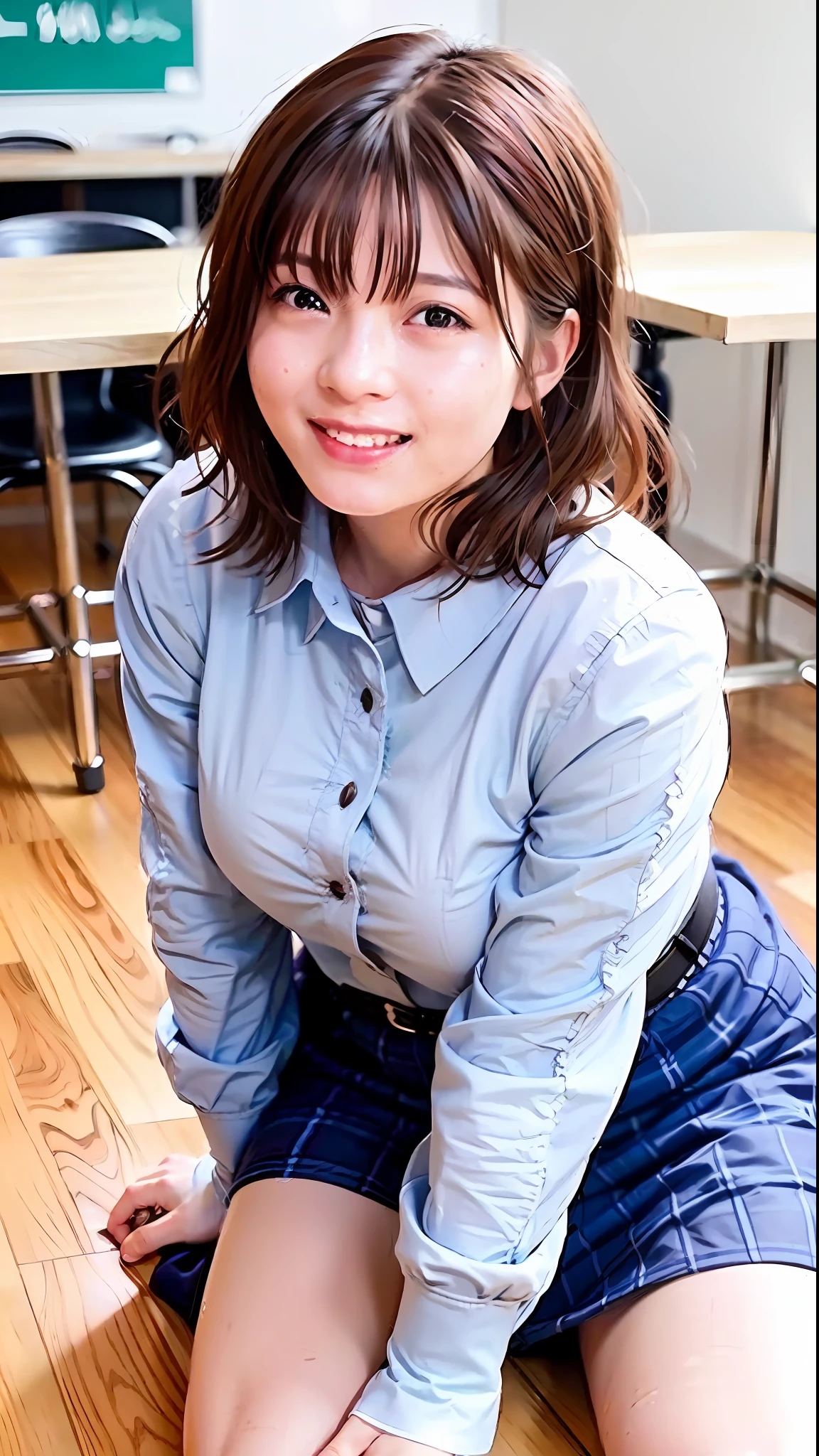 (最好质量、8K、32 k、A masterpice、qp:1.2)、Photos of pretty Japan women、detailed faces、22yearsold、giant breast、(A black、short-hair:1.2)、Teacher、(Open dress shirt、long sleeves:1.1)、(tight skirts:1.5)、耳环、(fromabove:1.1)、pov、watch audience、sitting floor、Wooden flooring、white walls、(cum in breast:1.3)、(droolng:1.5)、(cry:1.2)、open mouth with、(close - up:1.2)、simple background、Classroom、 Soft lighting,