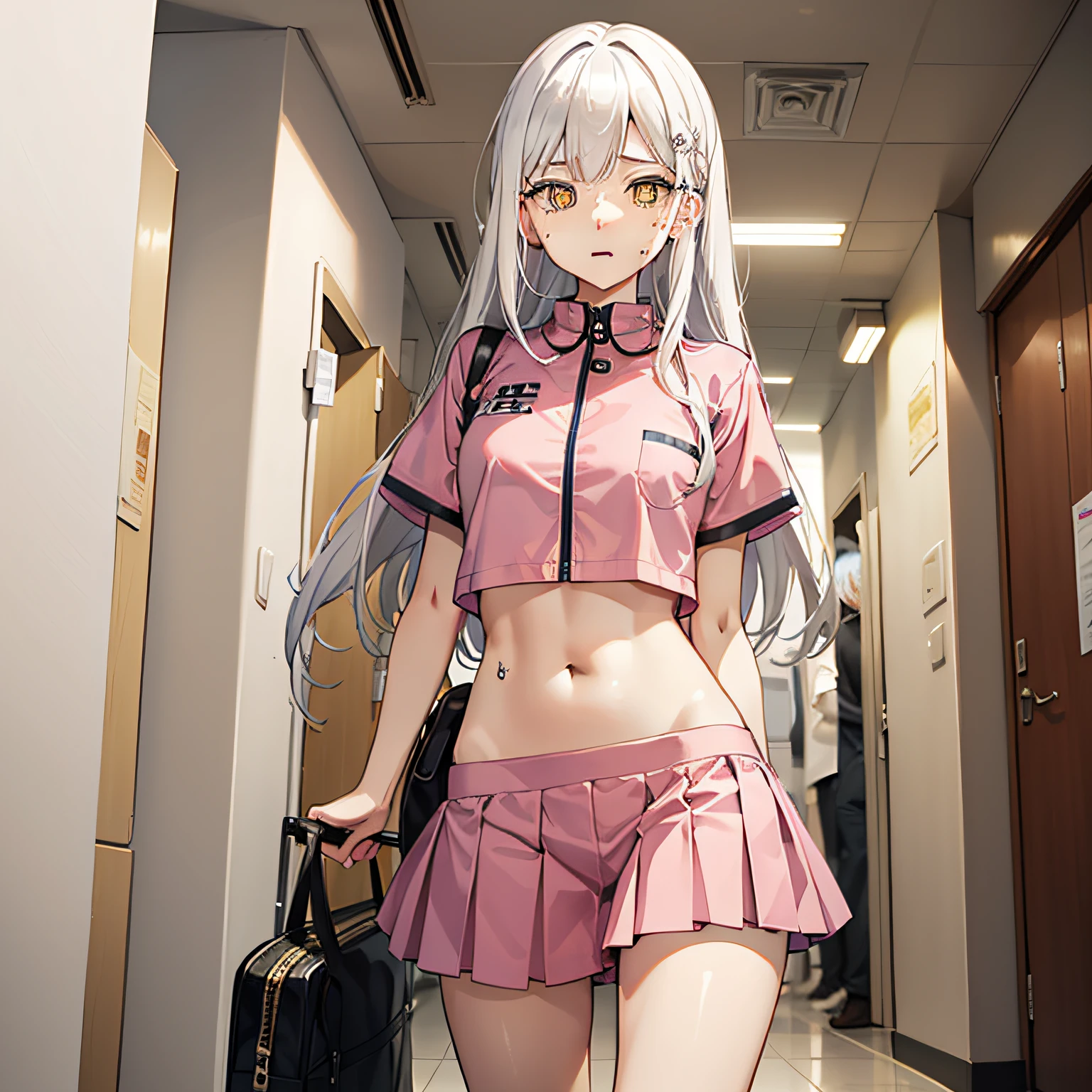 white hair girl、Beth、pinkskirt、lovly、Yellow pupils、Severe pain in the abdomen、Painful expression、The hospital lobby stands