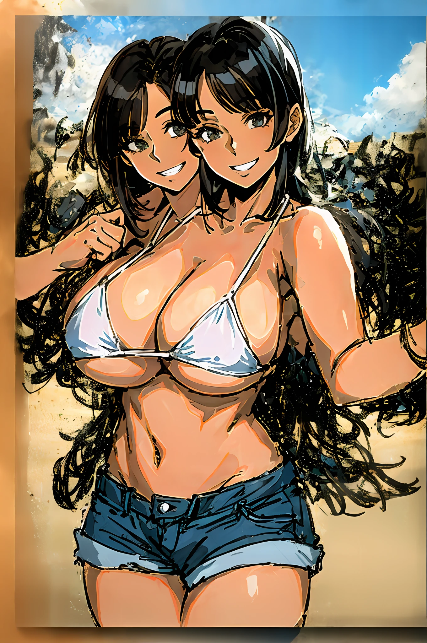 2heads, a short chubby woman with two heads. She has enormous breasts. She is wearing a bikini top with jean shorts. She is outside on a beach. She has massive breasts. She is smiling wide.