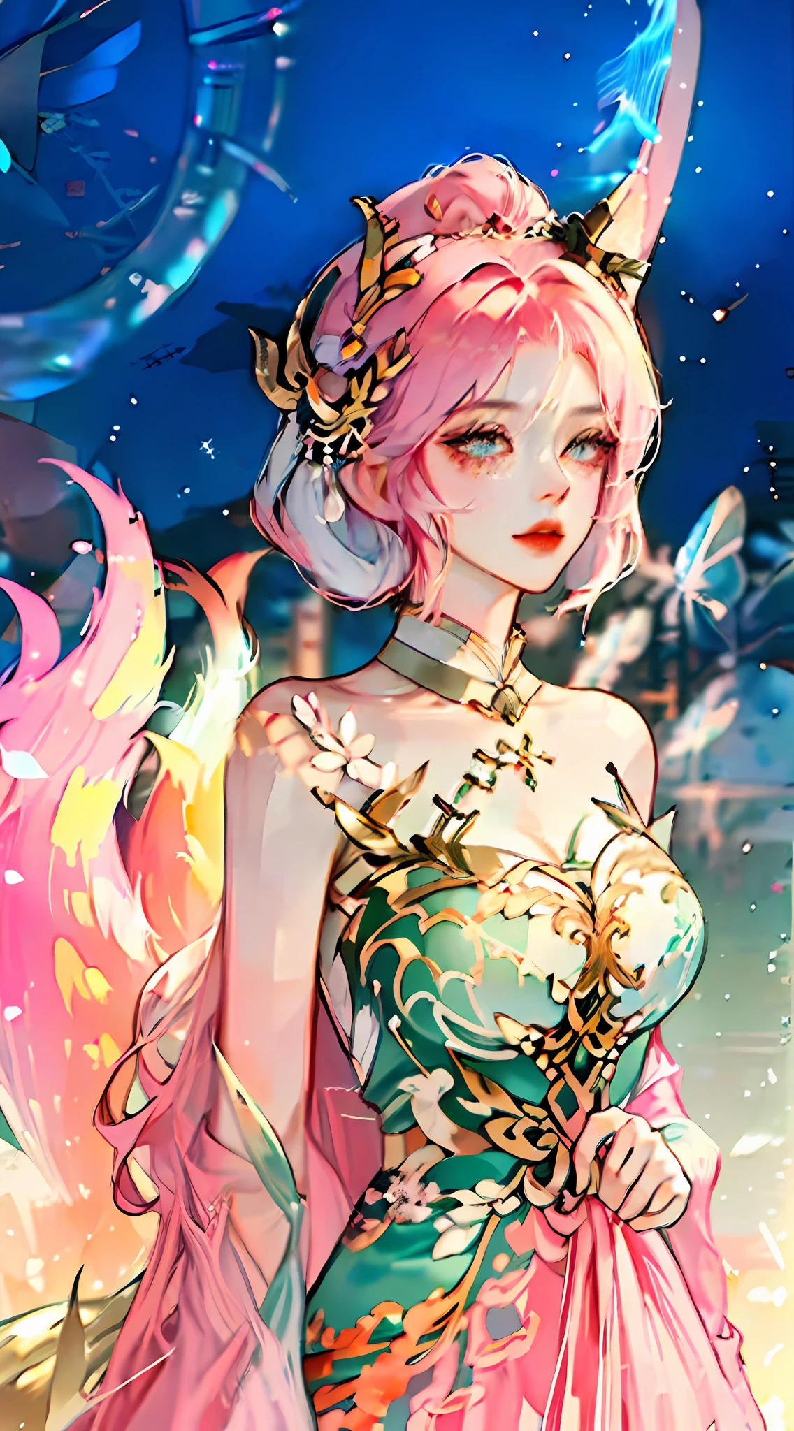 realisticlying,(masterpaintings,top Quority,optimal quality,offcial art,Beauty and aesthetics:1.2),Heavily detailed,s fractal art,extremely colorful,Most detailed,Daji nine-tailed fox,(Abstract background:1.5),(Glory to Kings),(1girl huge large breasts:Whole human body),(Fox class)(Nine tails) ,Pink hair,Eyes,earnestly,Charming,Comb back,short-cut hair,,galactic,Dreamlike