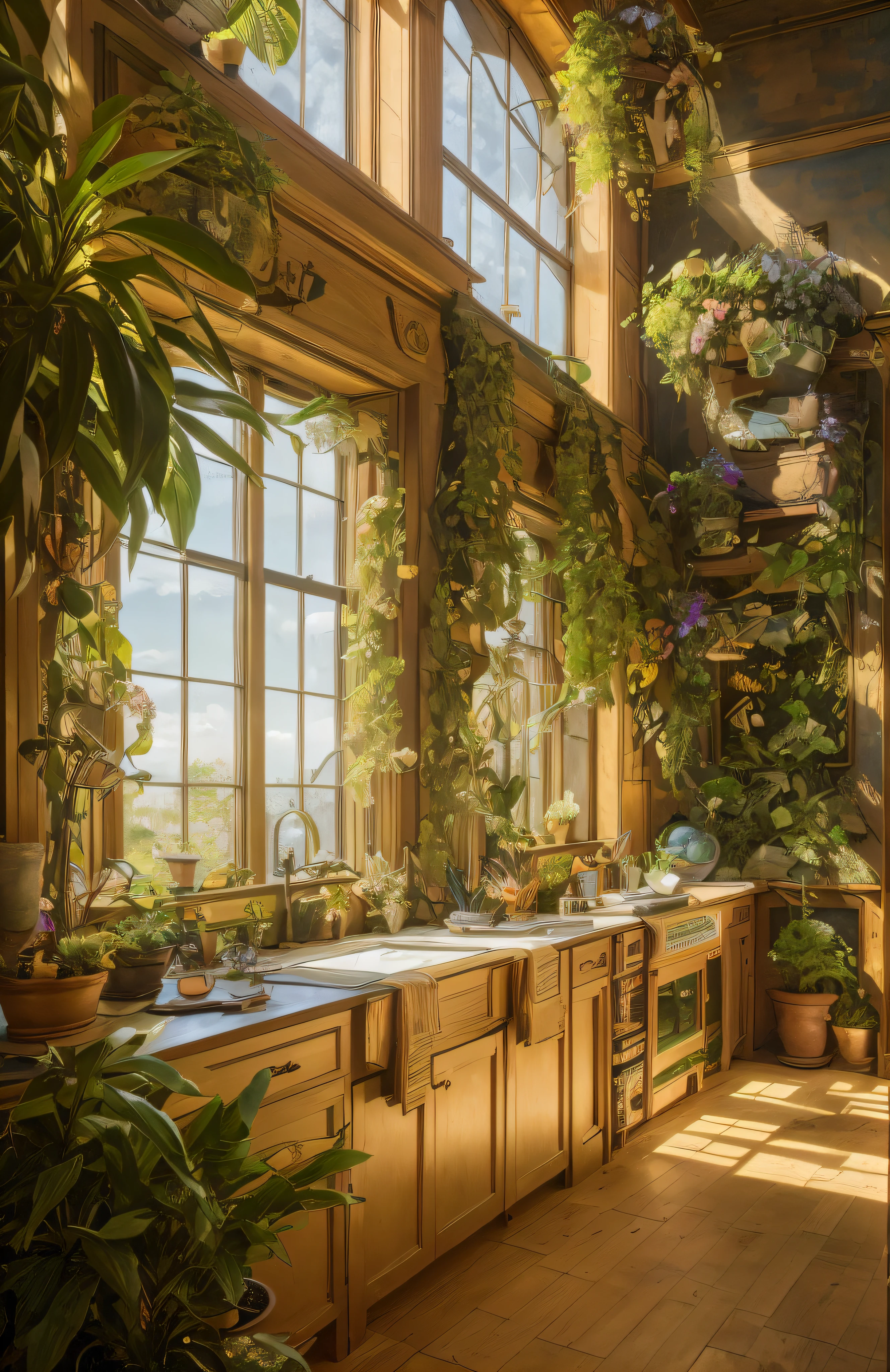 Architectural Digest photo of a maximalist green {vaporwave/steampunk/solarpunk} ((Home office)) with flowers and plants, golden light, hyperrealistic surrealism, award winning masterpiece with incredible details, epic stunning