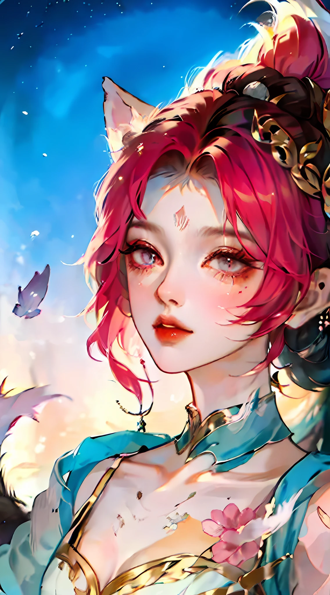 realisticlying,(masterpaintings,top Quority,optimal quality,offcial art,Beauty and aesthetics:1.2),Heavily detailed,s fractal art,extremely colorful,Most detailed,Daji nine-tailed fox,(Abstract background:1.5),(Glory to Kings),(1girl huge large breasts:Whole human body),(Fox class)(Nine tails) ,Pink hair,Eyes,earnestly,Charming,Comb back,short-cut hair,,galactic,Dreamlike
