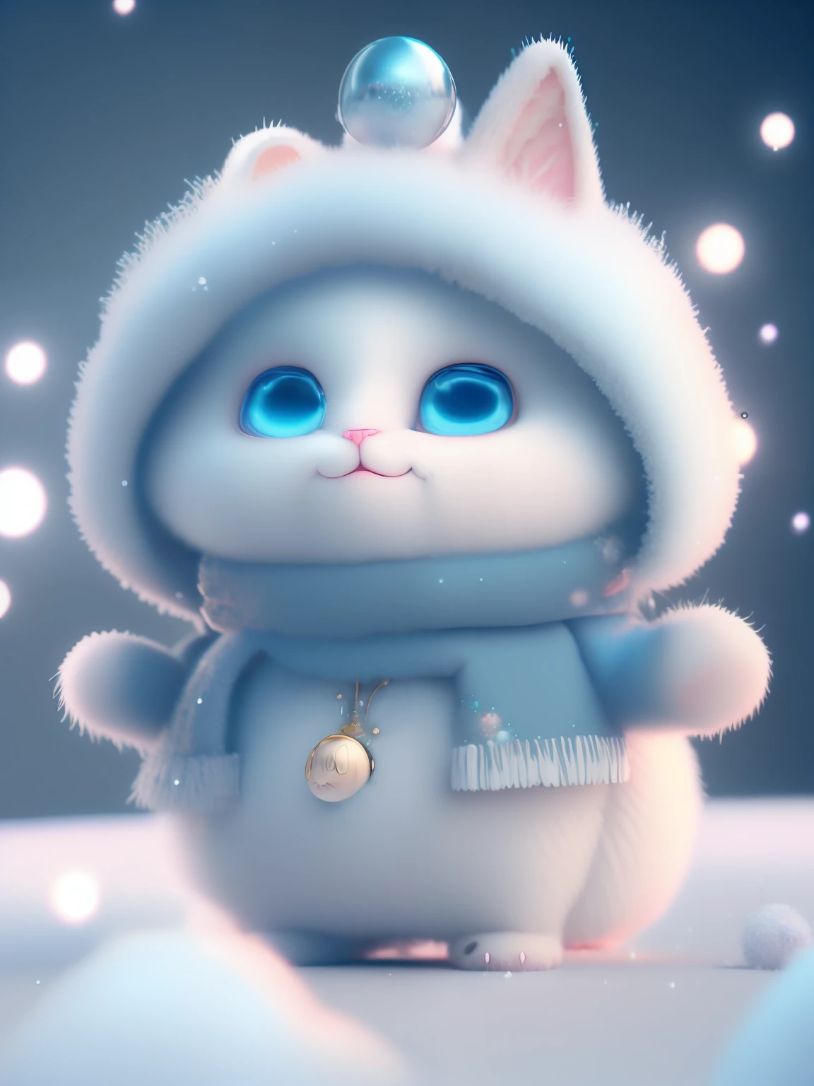 a cute little cat+Snow-white furry，Big bright eyes，A sweet smile，A sweet smile，Open-mouthed！！！，Dress up as a fashion model，Stylish suit with blue crystal texture，Hats and handbags，Snow white fluffy，Big bright eyes，Big bright eyes，to stand，Fluffy tail，Winter rises，The snow flutters gently，Extremely detailed 3D animation renders symmetrical center position， Super realistic， super detaill， posh， 3， cinematiclight， ultra clear details， Ultra-transparent material， Close up of， complex texture， octane rend， zbrush， 8K， Ultra-realistic UREAL