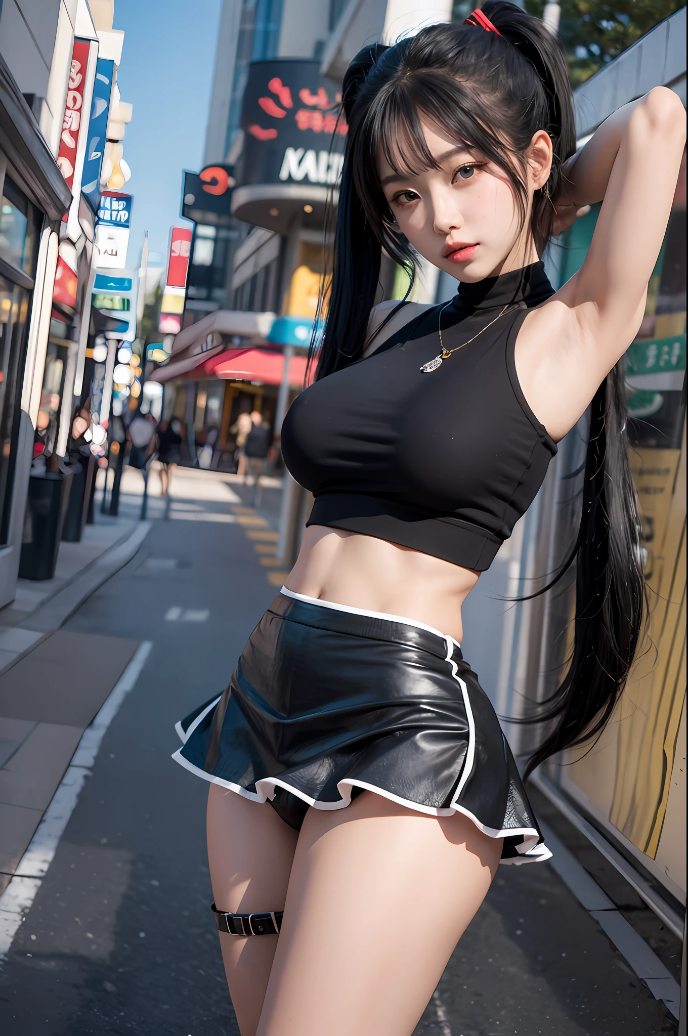 A masterpice, 最好质量, Hi-Def, Videl2, 独奏, blue eyed, black har, twintails, bigbreast, large , cow-boy shot, mall, high waisted skirt,