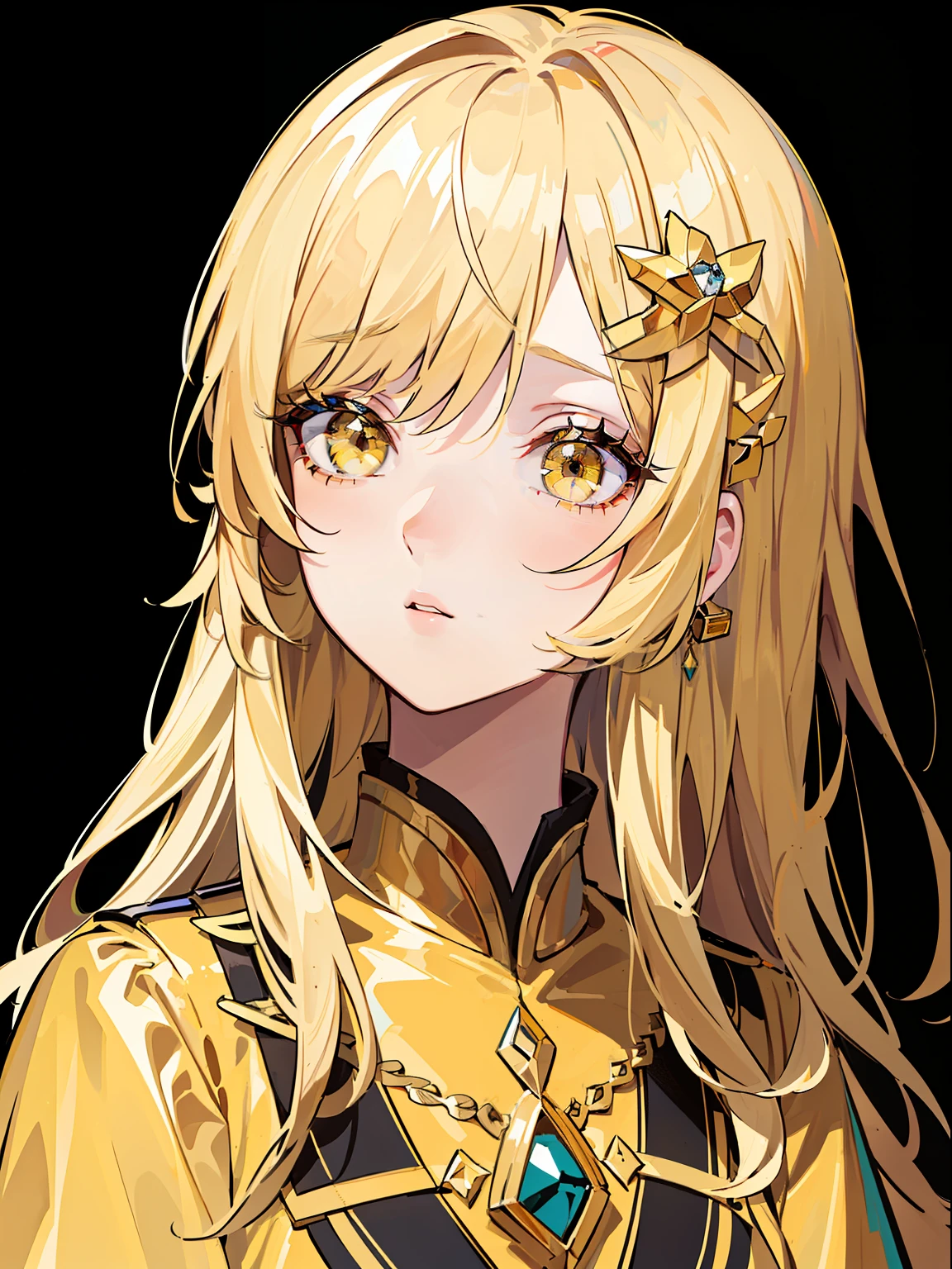 (Gustav Klimt style:1.05), ((masterpiece)), (((best quality))), (illustration | simple lighting), intricate, 8k, HD, FXAA, (absurdres), (simple shadows), ((simple shading)), (golden hair | long hair | hair ornaments), ((lifeless look, empty look)), yellow eyes, (yellow eyelashes:1.0), (colored eyelashes), (long yellow dress:0.9)
